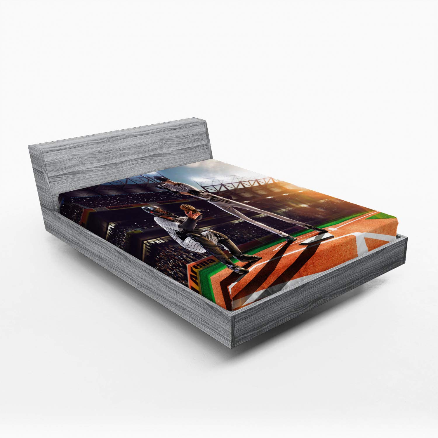 Ambesonne Teen Room 2 Pack Fitted Sheet, Baseball Player Game, Bed Cover All-Round Elastic Deep Pockets 2 Pieces, Package Contains 2 Full Size Fitted Sheets, Black Orange