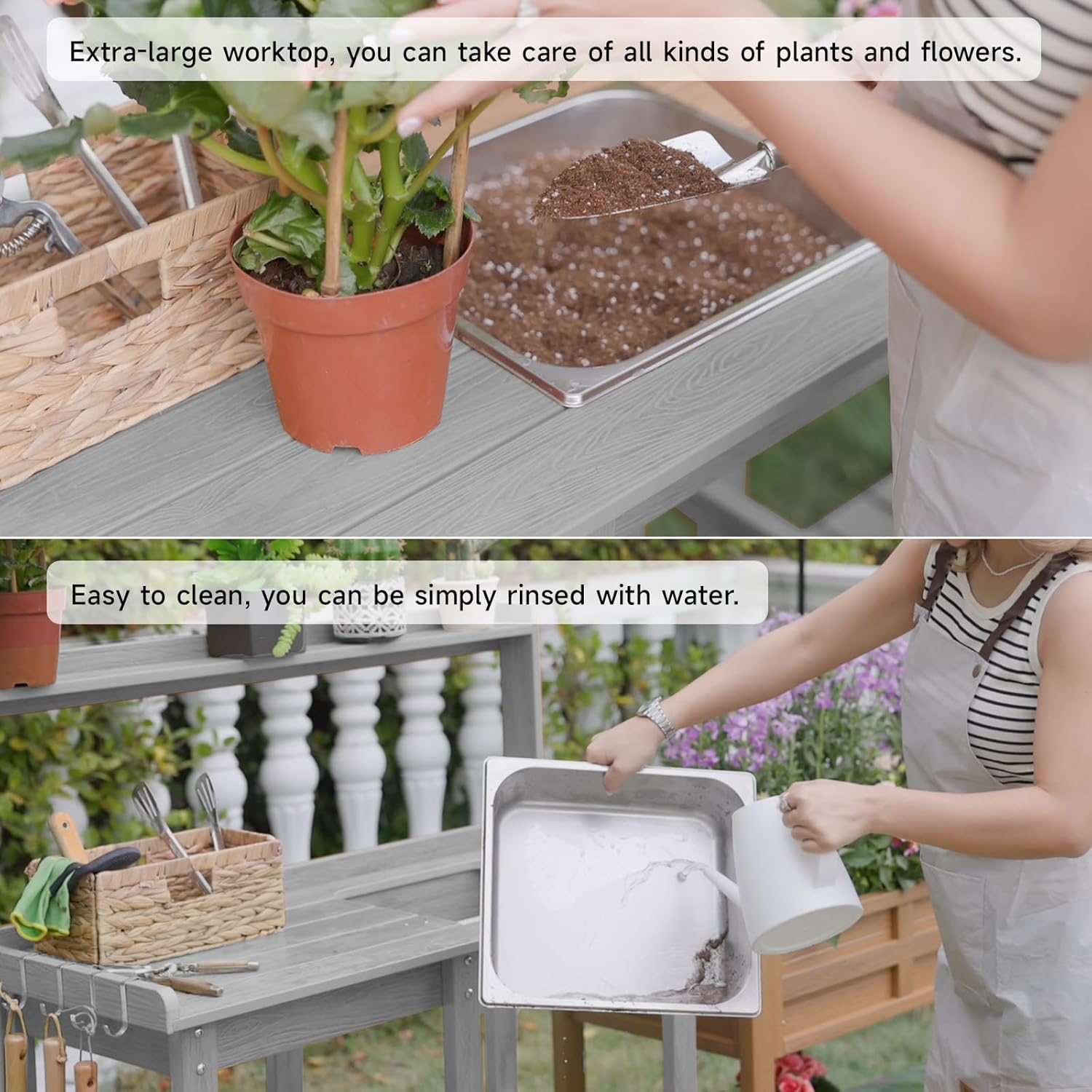 ONBRILL Potting Bench, Outdoor Potting Bench Table with Removable Sink, HDPS Potting Benches for Outside, Garden Table with Storage Shelves & 4 Side Hooks, No Rot, No Fade, No Break, 360lbs Capacity