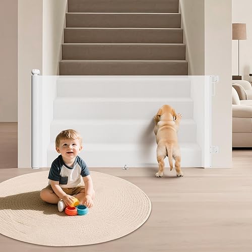 Puertas retráctiles para escaleras, puerta de bebé de malla de 71 pulgadas de ancho para puertas, puerta de perro de 34 pulgadas de alto adecuada