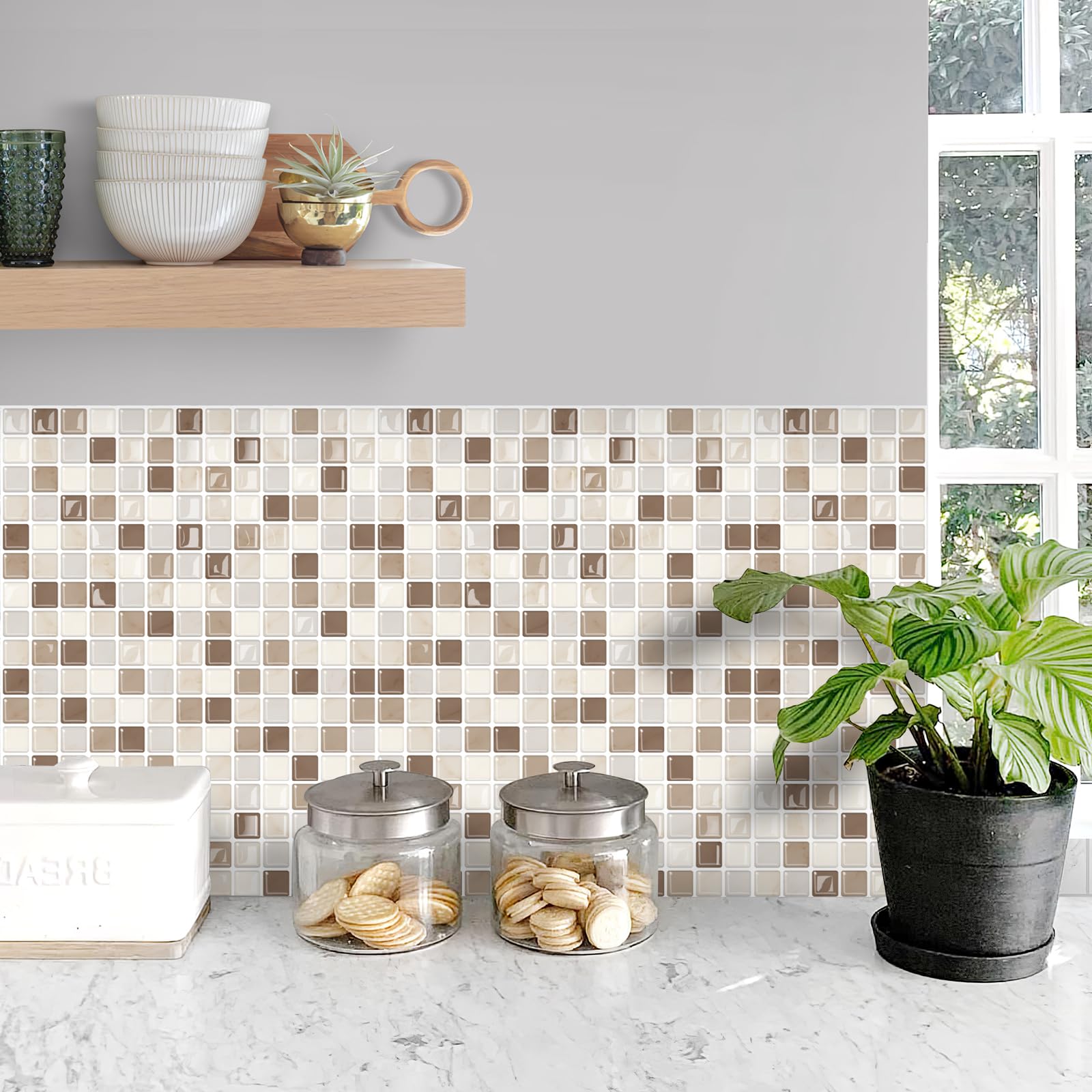 Alwayspon 10 adhesivos de vinilo 3D de mosaico para pared, despegar y pegar, impermeables, para azulejos de pared de cocina, baño, mezcla de beige y marrón