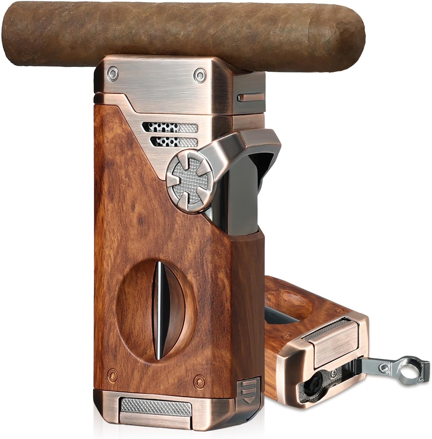Joyoldelf Cigar Torch Lighter Quad Frame - Refillable Jet Butane Windproof Lighter with Cutter, Punch and Fuel Window (No Butane) - Premium Gift for Men Outdoor Smoking Portable Use