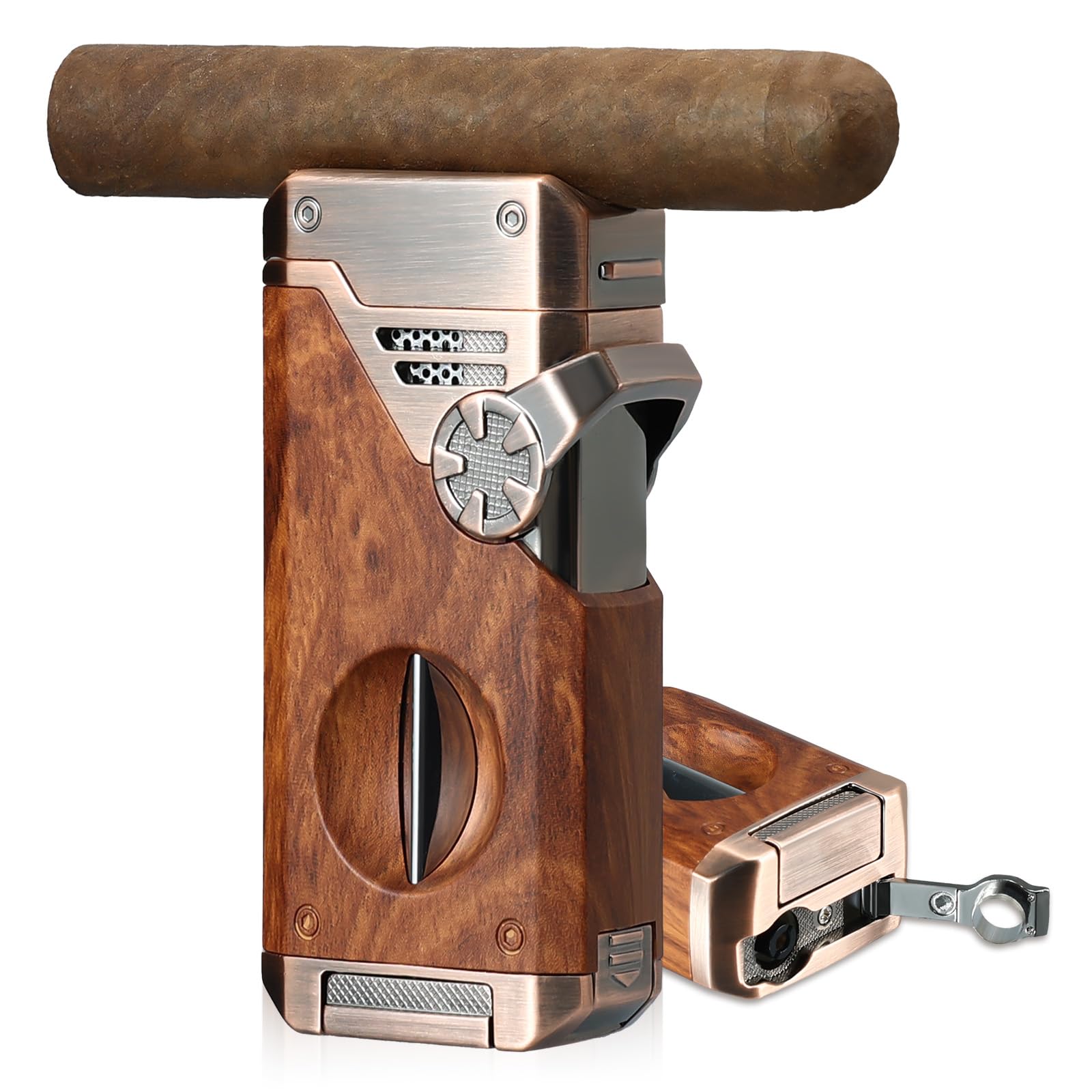 Joyoldelf Encendedor de Cigarro con Antorcha Cuadruple Llama - Encendedor Recargable de Butano a Chorro Resistente al Viento con Cortador, Punzón y Ventana de Combustible (Sin Butano) - Regalo Premium