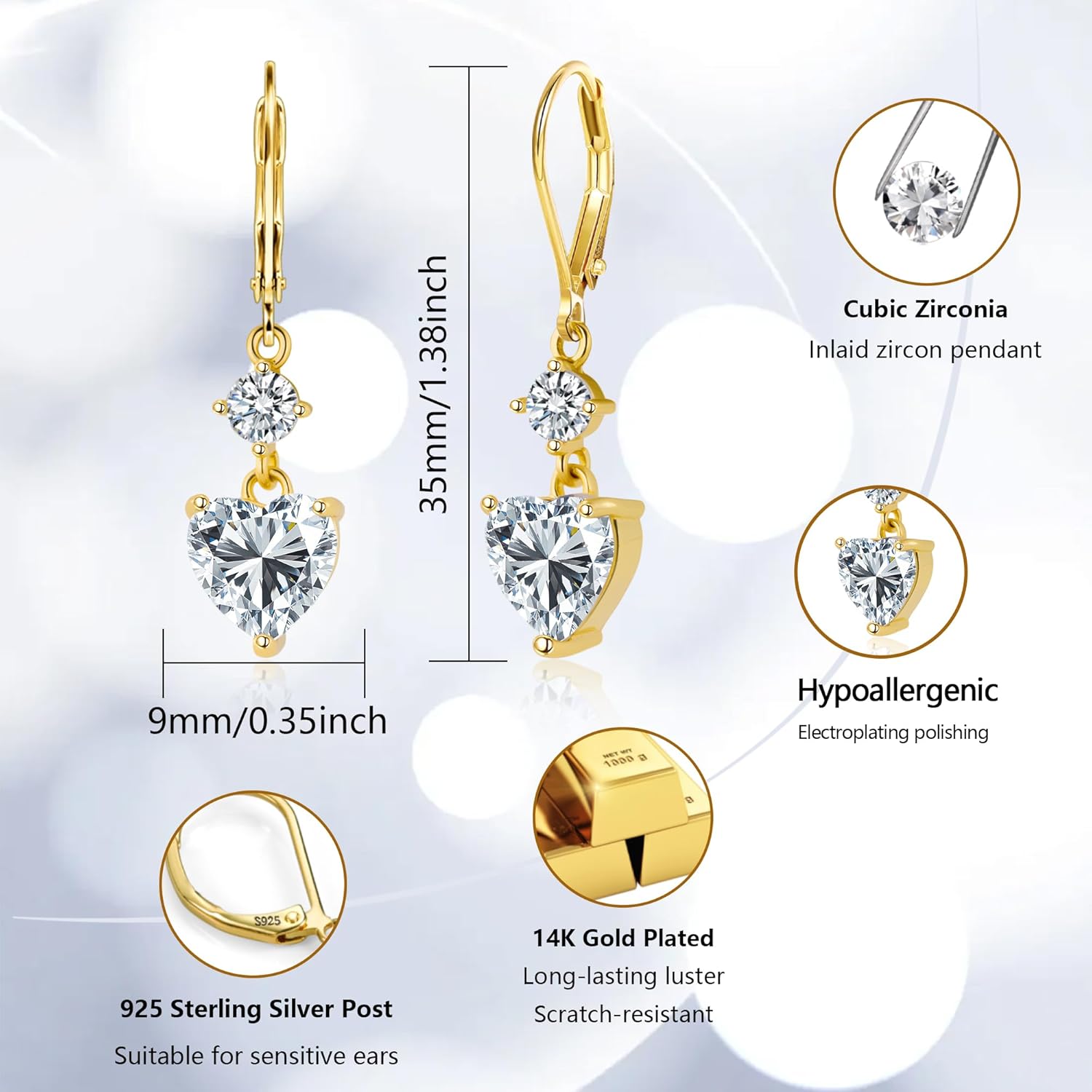14K Gold 925 Sterling Silver Heart Dangle Earrings for Women, Silver Dangling Drop Halo Hearts Shaped Dangly Earring Cubic Zirconia Leverback Valentine Trendy Earrings - Image 4