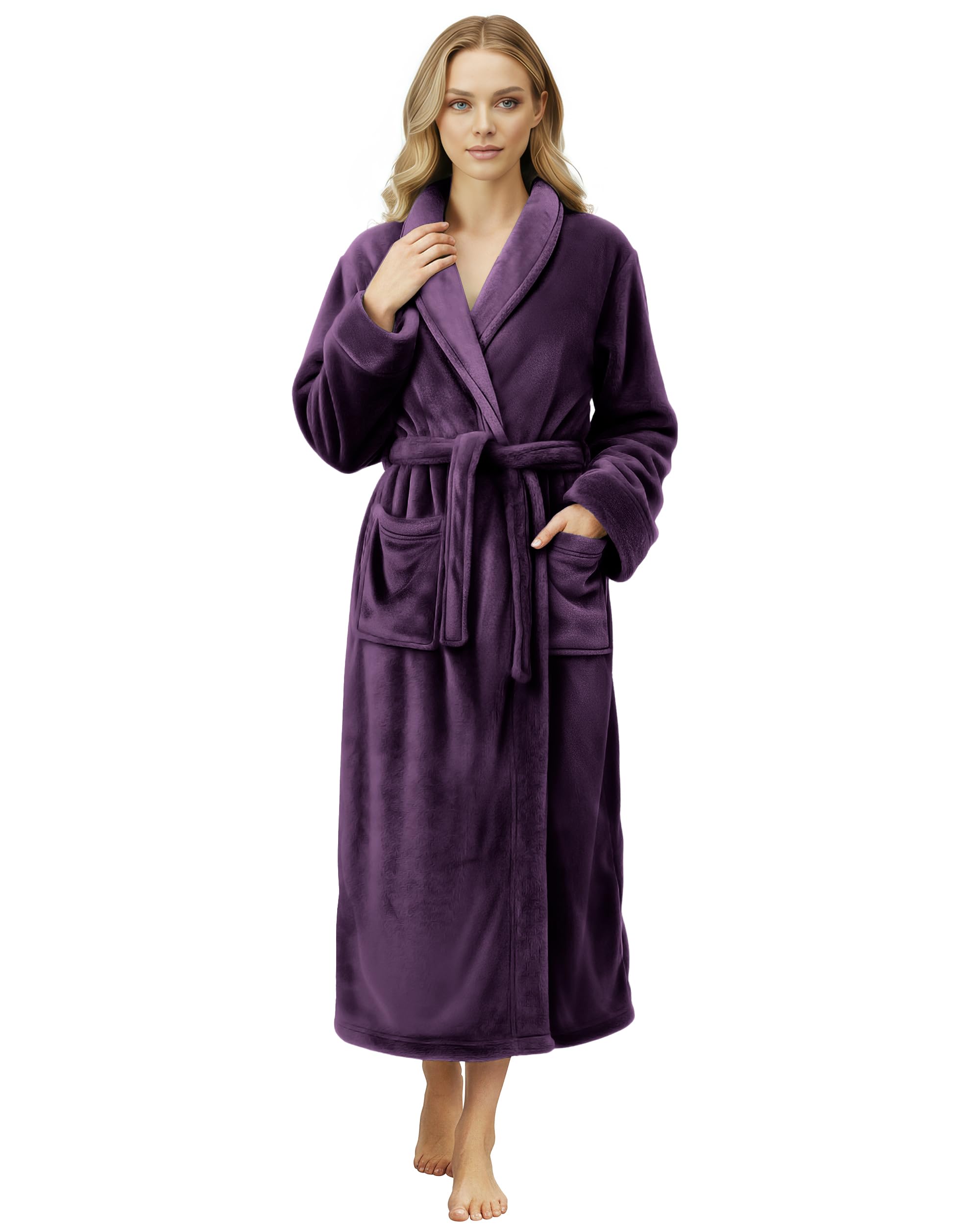 ny threads premium womens robe, plush fleece long bath robe for women, fluffy soft women's bathrobe, small, plum