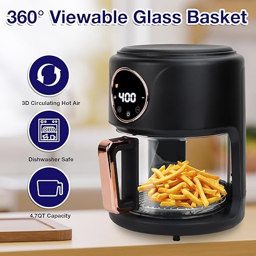 Miniatura 2 de Freidora de aire de vidrio de 4.7QT, freidora de aire con vista de 360, vidrio no tóxico, modos de cocción preestablecidos 6-EN-1, pantalla digital,