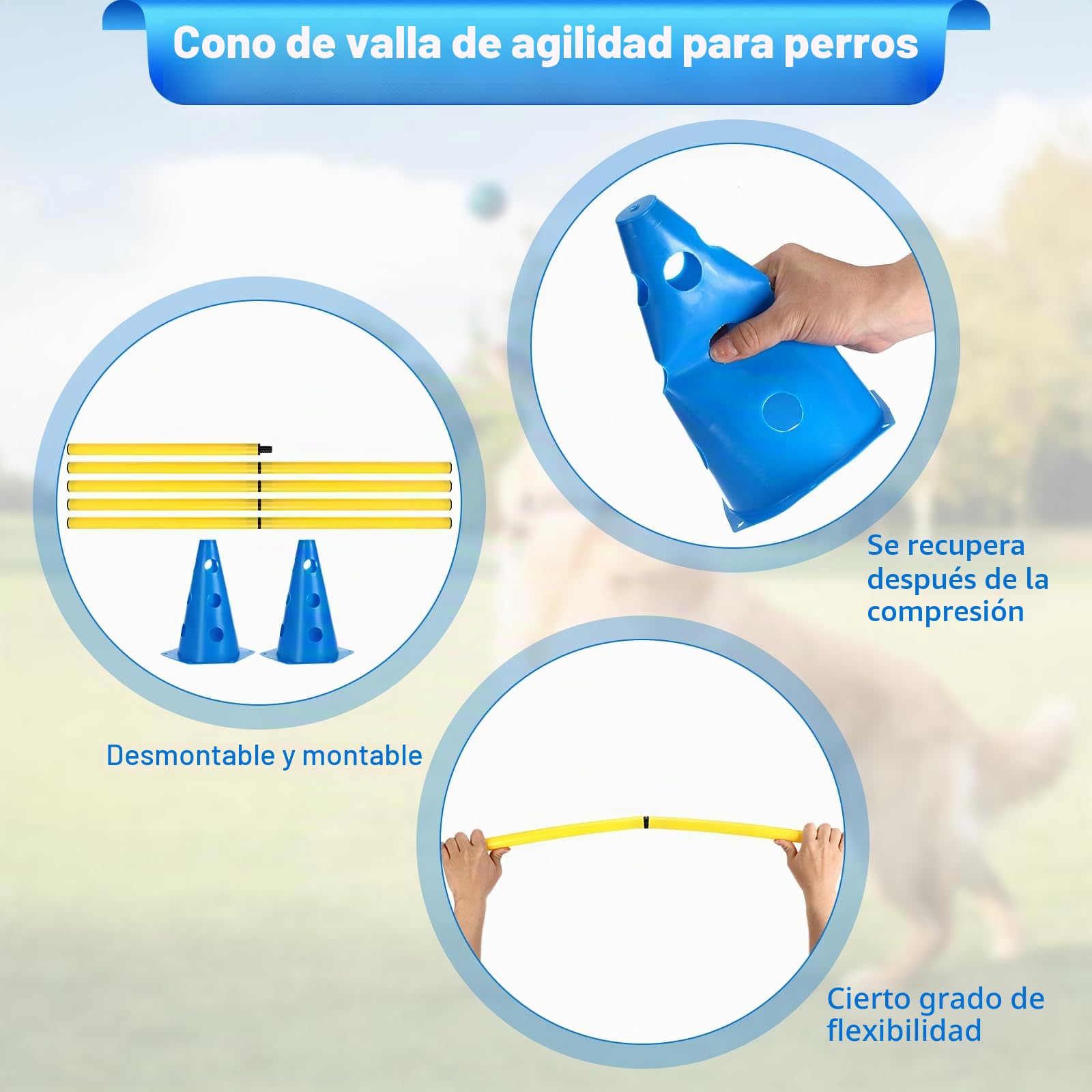 Juego de Agilidad para Perros, 8 Conos (24cm) + 4 Barras (81cm), Juego de Obstáculos Niños, Set de Obstáculos Ajustable en Altura para Entrenamiento Canino, Fútbol y Coordinación