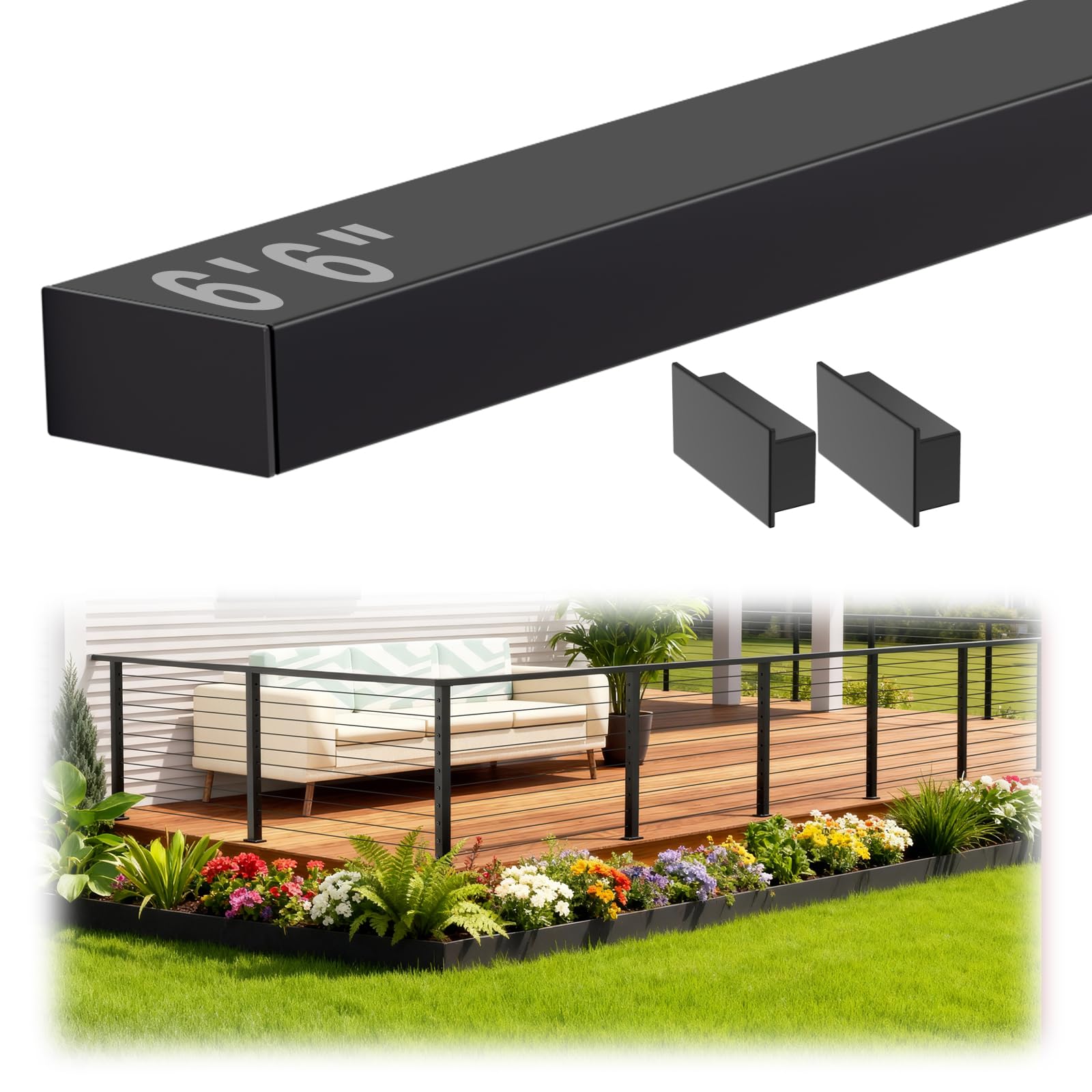 6'6" Stainless Steel T304 Handrail Black with Metal End Caps, 1 Pack Rectangular Cable Railing Handrail Flat Deck Top Rail for Indoor Outdoor Deck Stair Cable Railing System