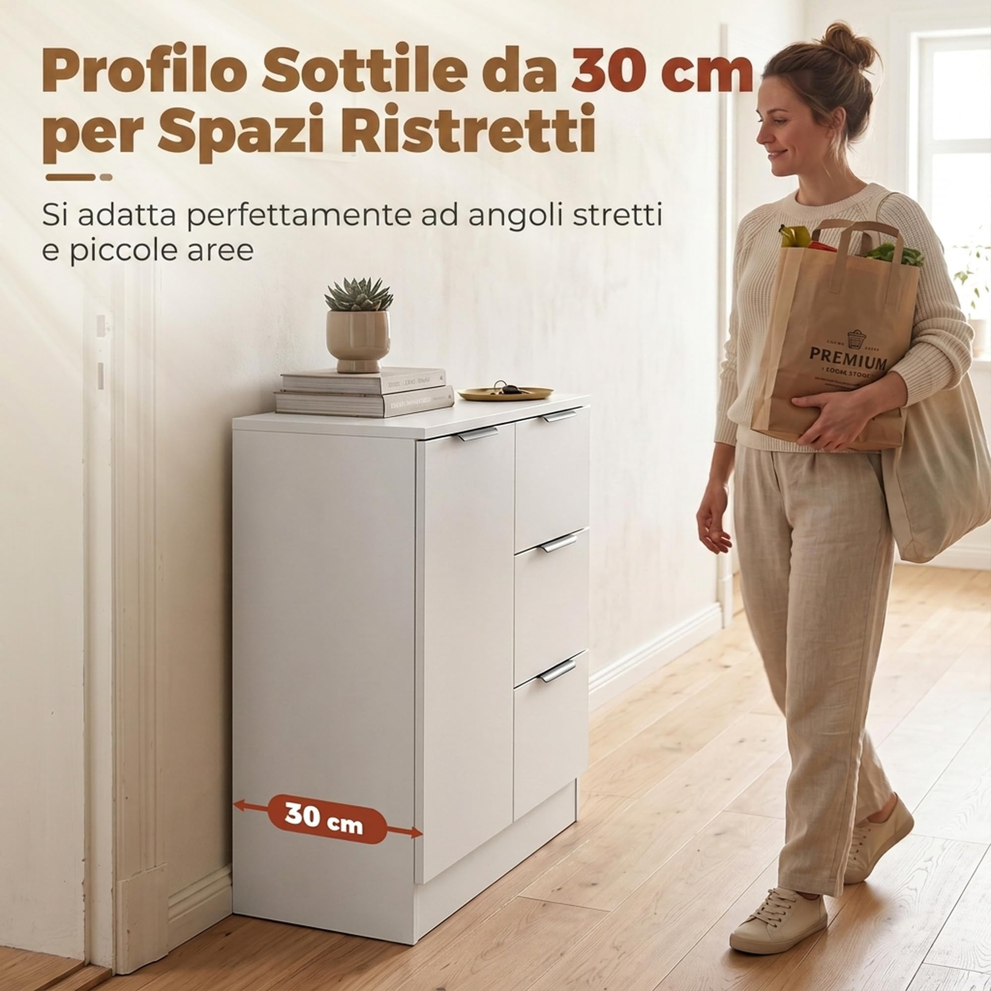 HOMCOM Buffet de Salon étroit, Meuble de Rangement avec 3 tiroirs et Porte à Fermeture en Douceur, Blanc