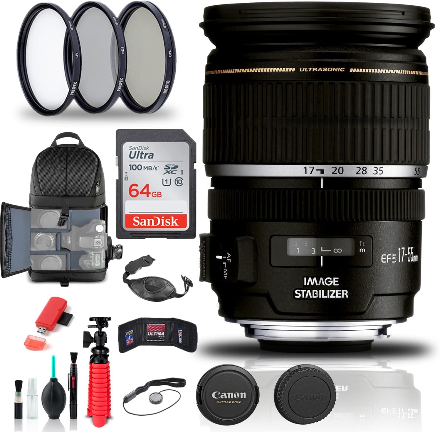 Canon EF-S 17-55mm f/2.8 is USM Lens (1242B002) + Filter Kit + Backpack + 64GB Card + Card Reader + Flex Tripod + Memory Wallet + Cap Keeper + Cleaning Kit + Hand Strap + More