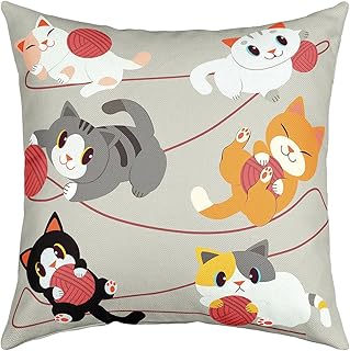 Homewish Kawaii Cats Pillow Cover 16x16 Inch Cute Cartoon Animal Decorative Cushion Cover for Kids Boys Girls Lovely Pet Funny Pattern Soft Square Cushion Case for Bedroom Chairs Office
