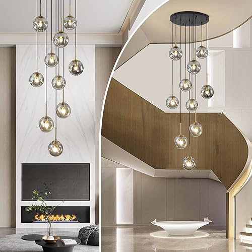 BOKT Lámpara colgante vintage en racimo negro dorado 10 luces globo de vidrio escalera lámpara gris ahumado moderno gran lámpara colgante ajustable