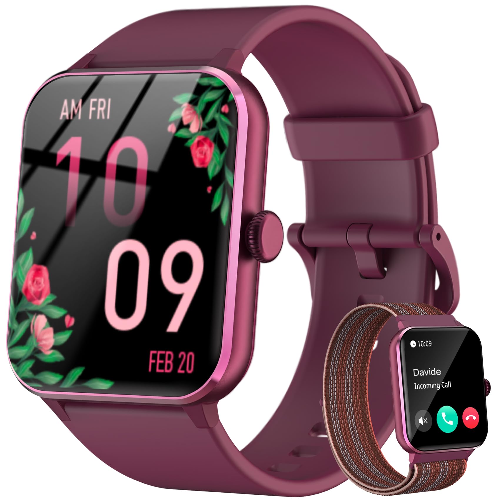 Reloj Inteligente Mujer, 1.85" Smartwatch Mujer con Whatsapp Mensajes y Llamadas Bluetooth, Smart Watch con 2 Correas/Notificación/Podómetro/Pulsómetro/Sueño, IP68 Pulsera Actividad para Android iOS ClimeCo Certified