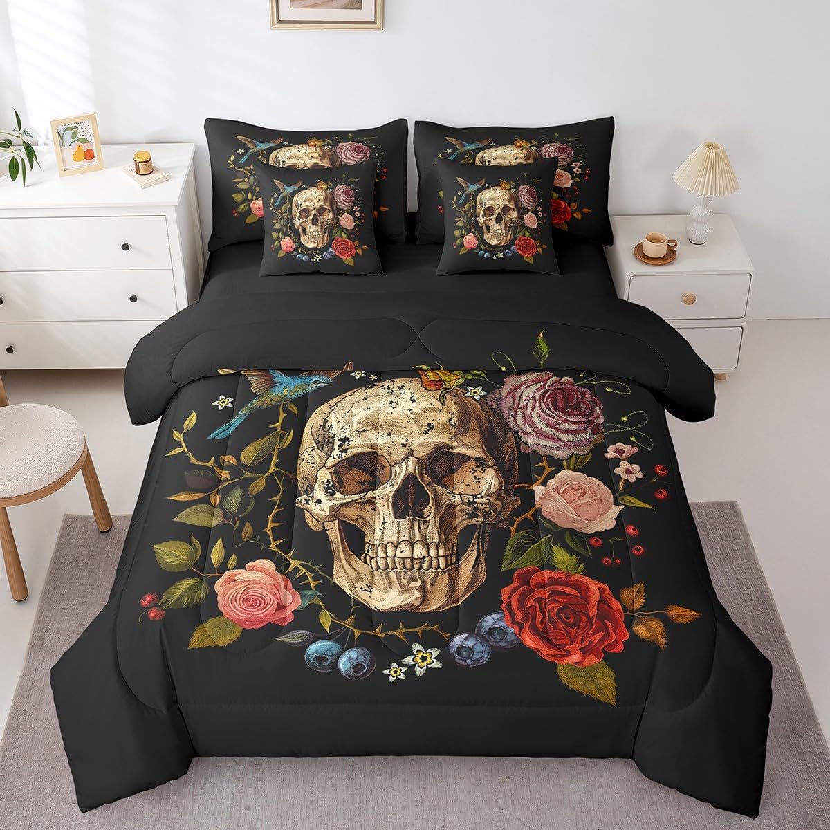 Erosebridal Sugar Skull Full Comforter Set 7 Piece Bed in A Bag with Sheet Set,Pillow Covers,Gothic Skull Bedding Set Exotic Tribal Flower Skeleton Bones Bedding Comforter Sets Reversible Black