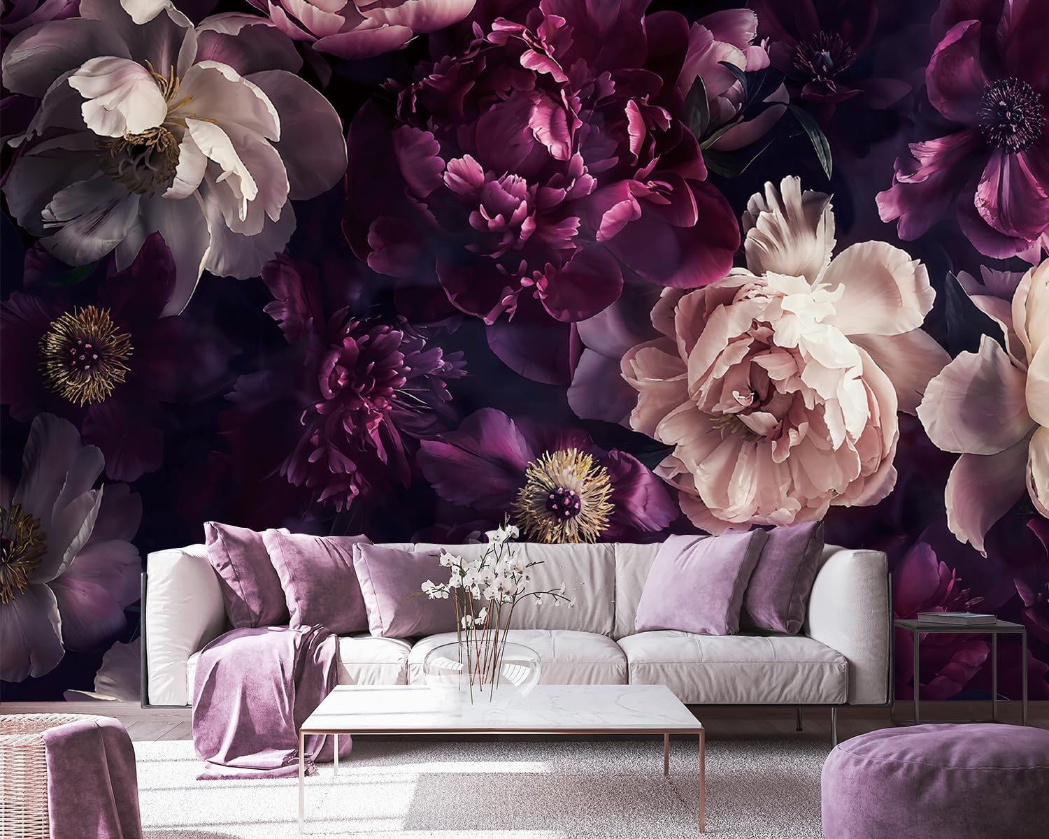 FWIEXA Black Peony Floral Wallpaper, Dark Purple Flower Wall Mural, Green Leaves Mural Wallpaper, Elegant Botanical Wallcovering for Living Room, Bedroom - 161"x108" (Not Peel n' Stick) Purple Peony 108" x 161"