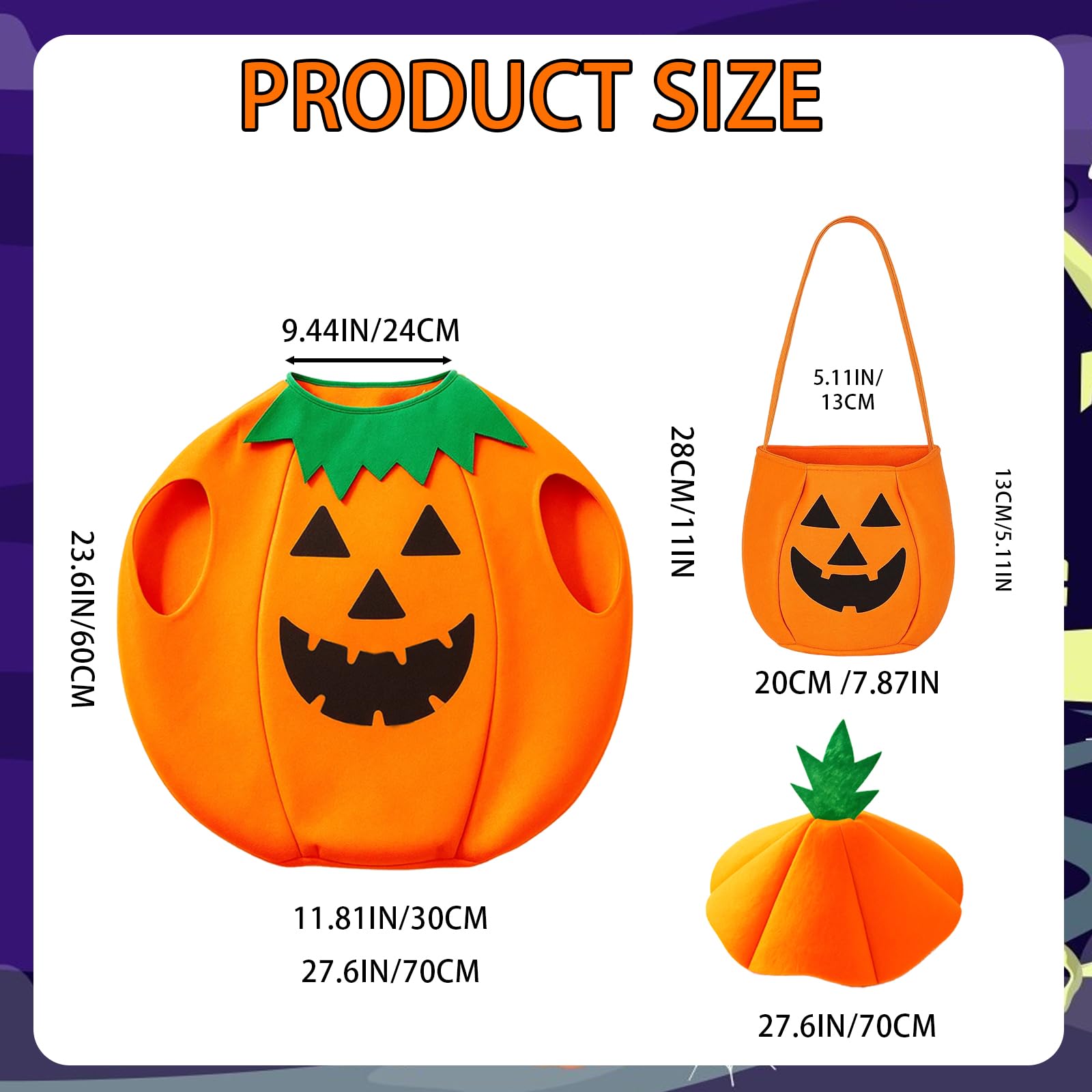 3Pcs Pumpkin Costume Set for Kids Halloween Costumes for Toddlers and Preschoolers Pumpkin Costume with Hat and Bag - Image 2