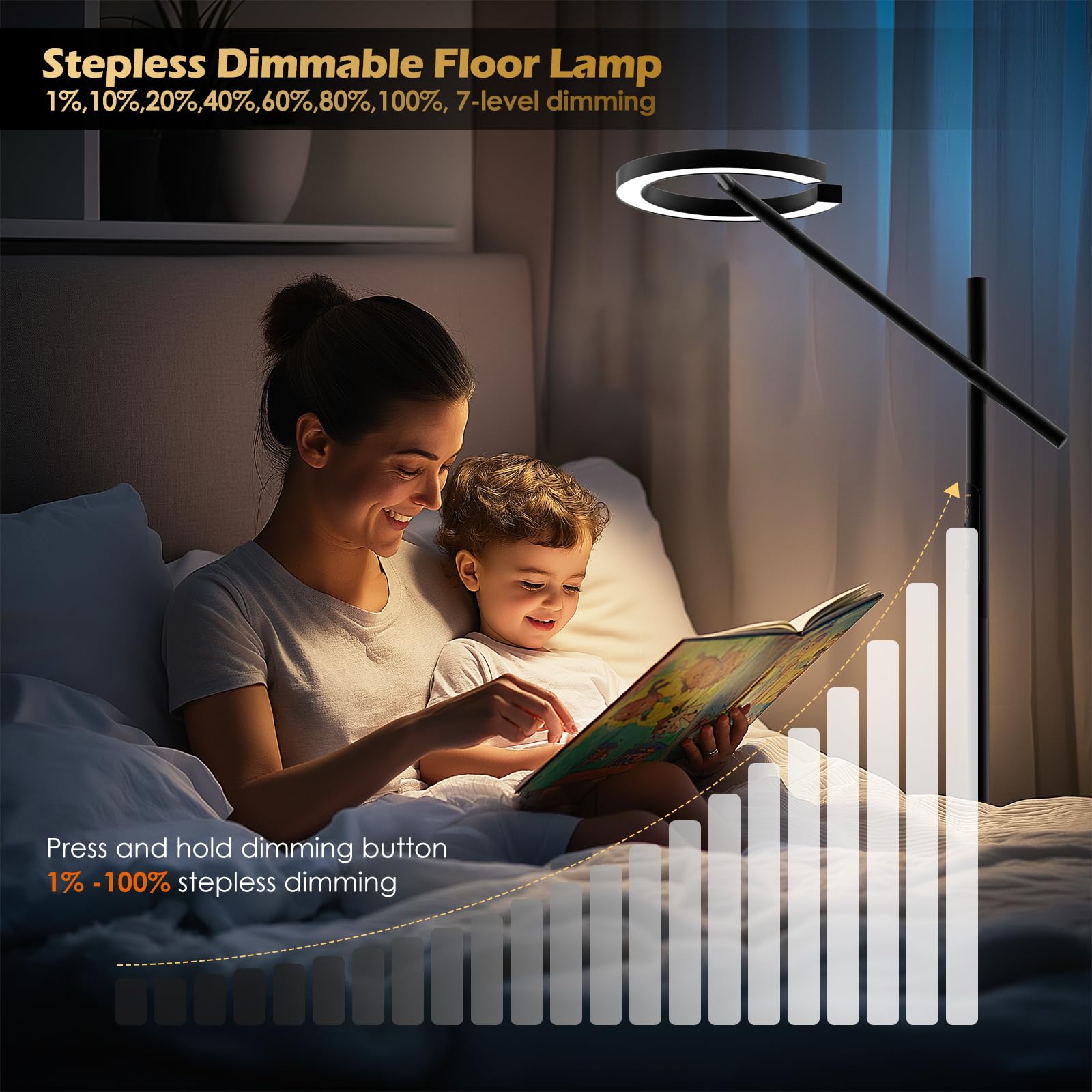 GLOWRIUM 71-inch floor lamp with remote control (batteries not included), UV-free 12,000 lux, 4 color temperatures, tall floor lamp with timer for bedrooms, continuously dimmable, swivel head