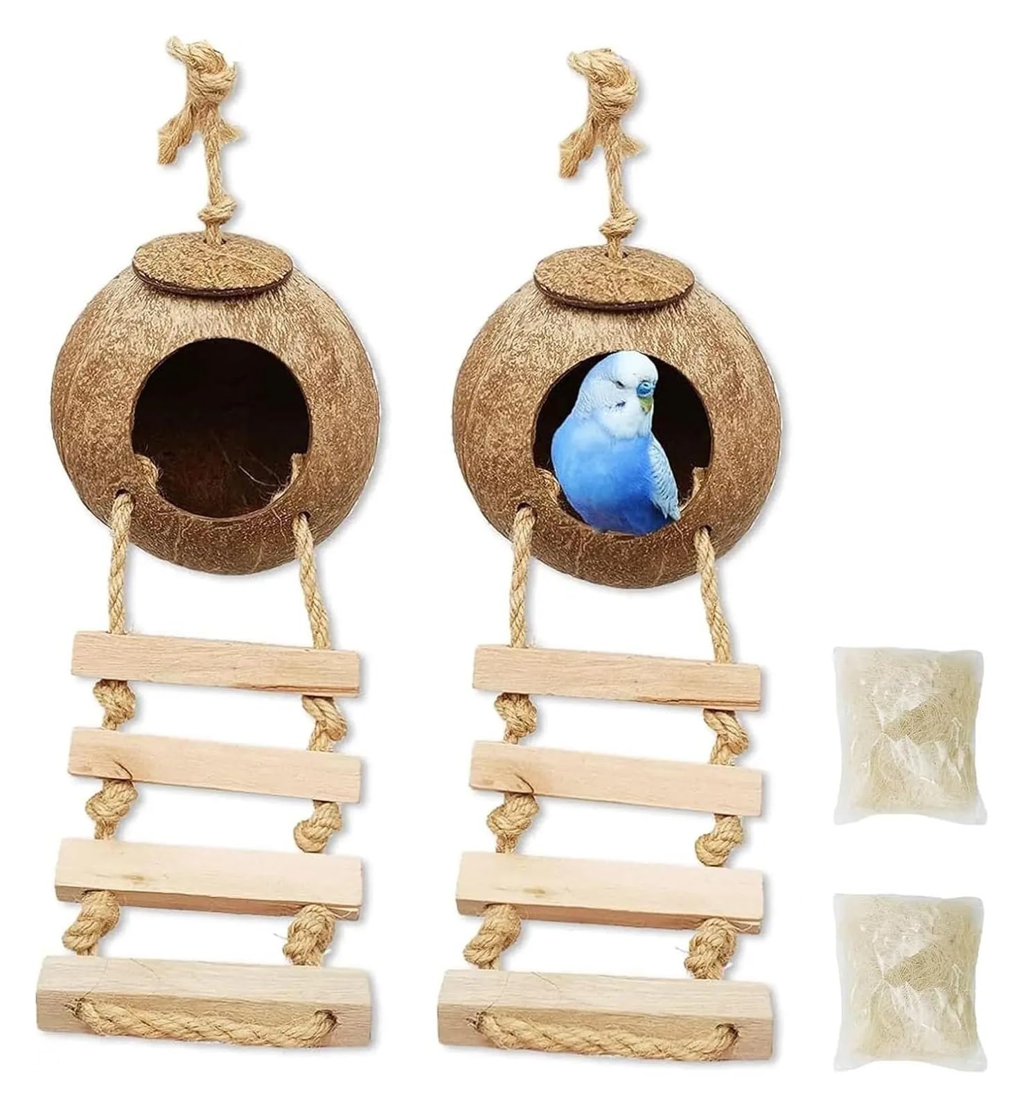 Nido de pájaro de Concha de Coco Casita Colgante de Fibra Coco for pájaros en Jaula, Nido cría for Loros, periquitos, agapornis, pinzones y Canarios pequeños(2pcs Coconut Hide)