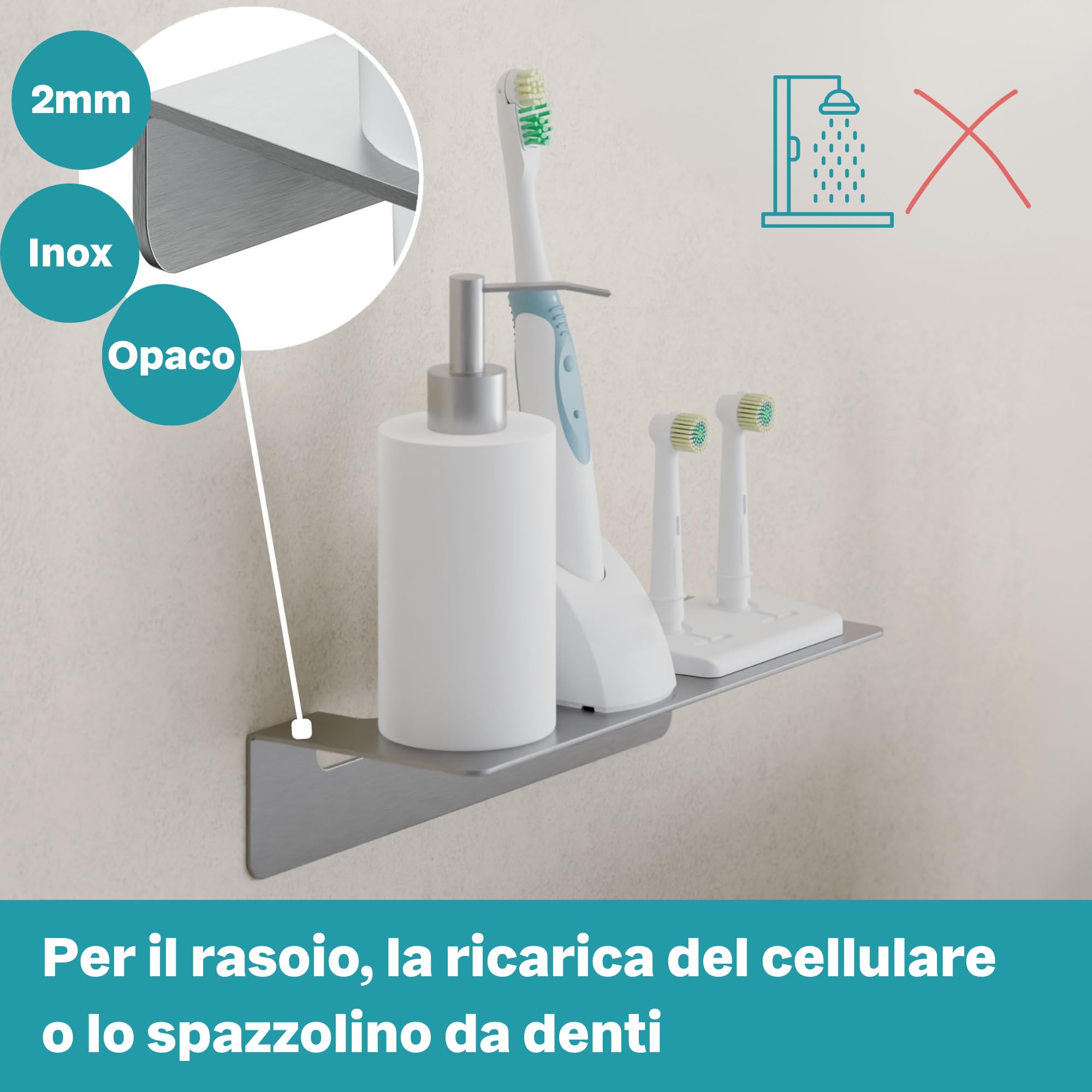 WEISSENSTEIN Mensola bagno adesiva da muro 24 cm Rettangolare Acciaio inox