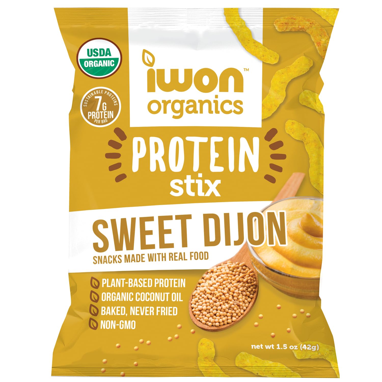 IWON OrganicsSweet Dijon Flavor Snack Stix, High Protein and Organic Healthy Snacks, 8 Bags, 1.5 Ounce