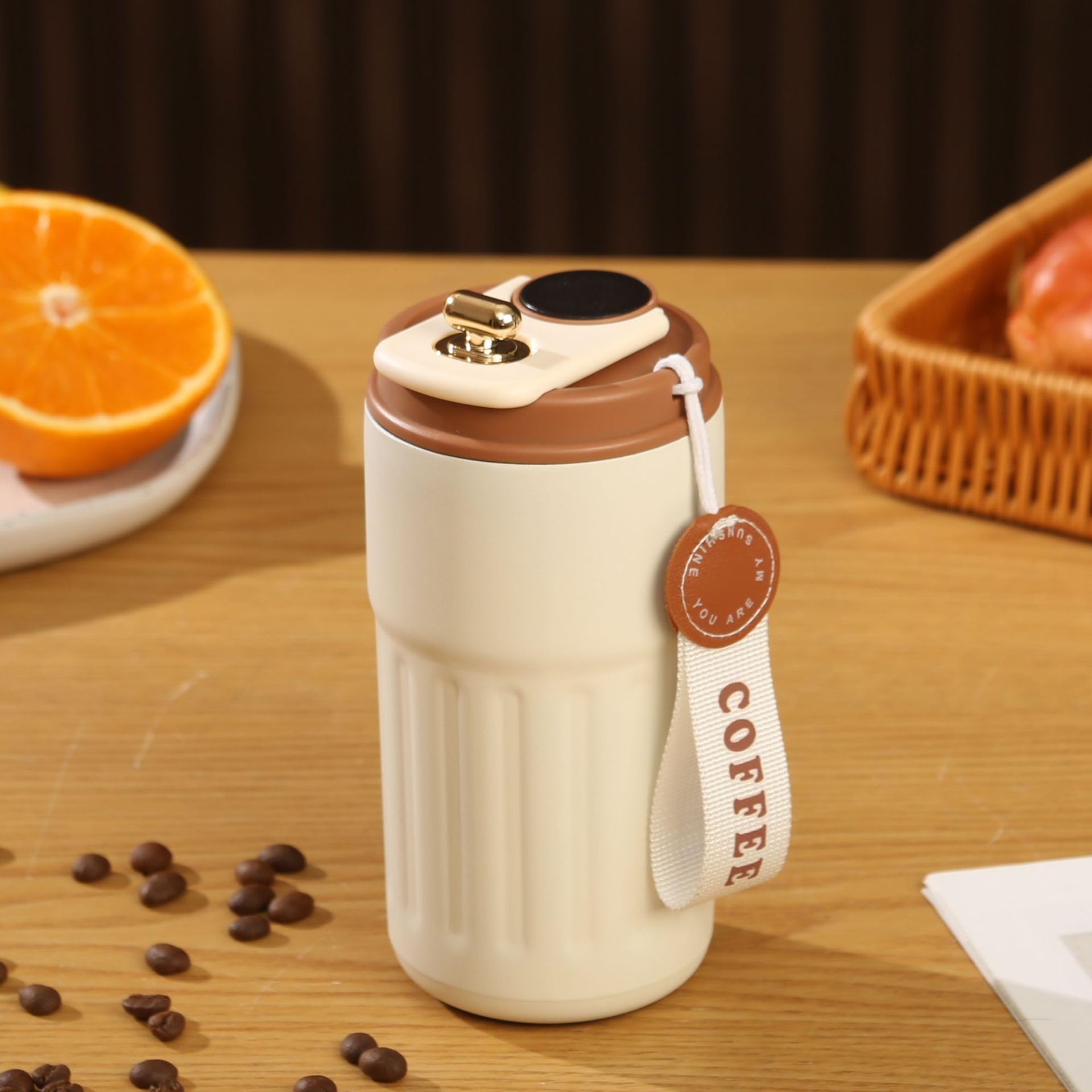 Edelstahl-Kaffeebecher mit Temperaturanzeige, Reise-Kaffeetasse, intelligenter isolierter Reise-Kaffeebecher, Sommer, Kühlaufbewahrung, tragbarer Kaffeebecher für Auto (Weißbraun)