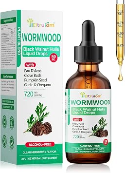 Black Walnut Wormwood Clove Liquid Drops Herbal Cleanse Formula, Digestive & Gut Support Strong Herbal Taste, High Potency Botanical Extract 2oz