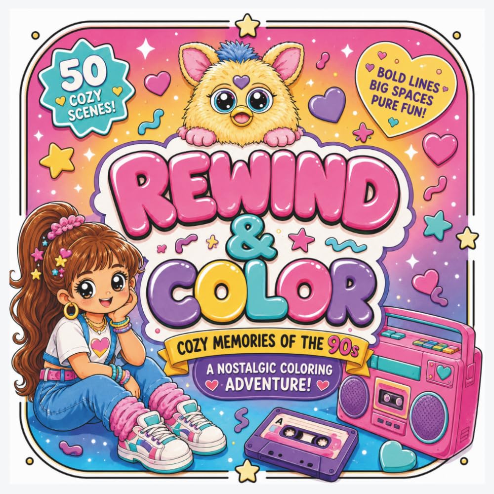 Rewind & Color: Coloring Book: Cozy 90s Coloring Book for Adults, Teens & Kids | Cute Nostalgic Scenes with Bold & Easy Designs (50 pages)