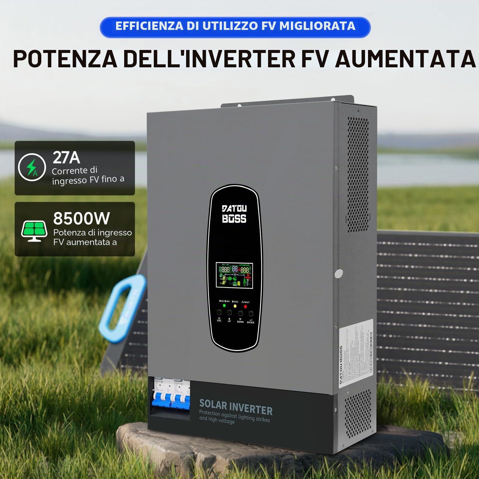 DATOUBOSS Inverter solare ibrido da 6200 W, 48 VDC a 230 V, inverter sinusoidale puro con 120 A, ingresso fotovoltaico da 8500 W, supporta il sistema di protezione BMS, per batterie al litio da 48 V.