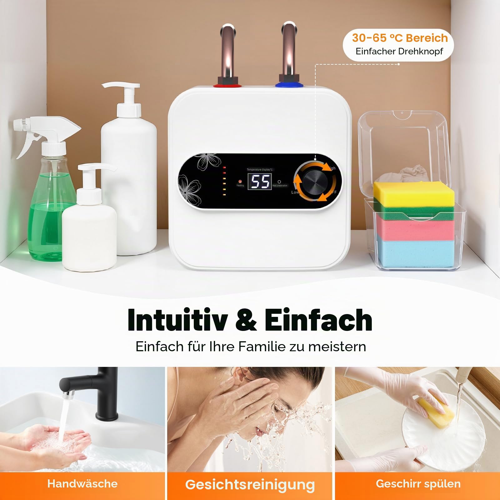 Warmwasserspeicher & 8L Klein Untertisch Boiler Druckfest - Untertischboiler | 1500W | 30-65℃ Einstellbarer Temperatur | Wandmontiert | Schnelle Erwärmung | Für Küche & Bad