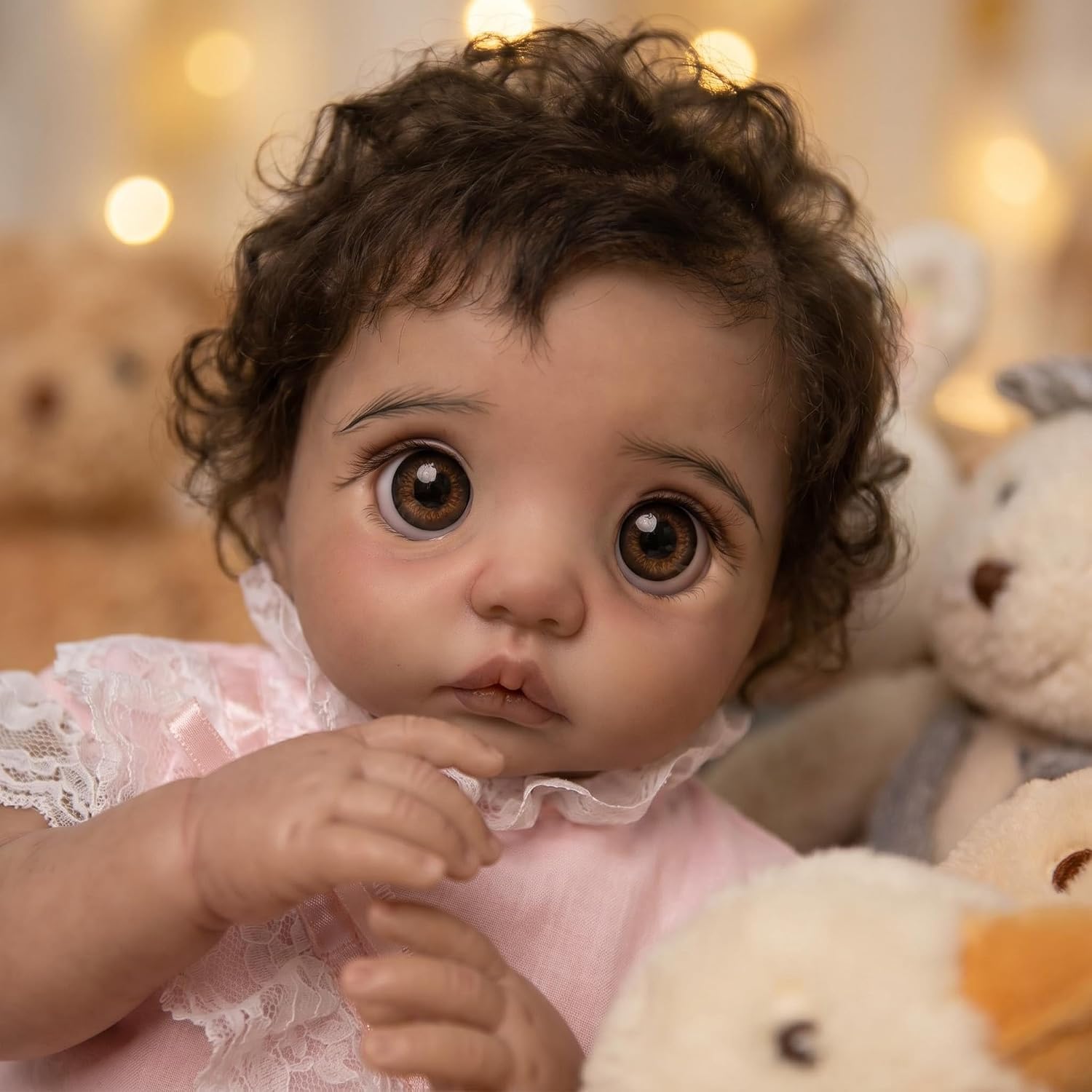 Pinky Reborn Big Brown Eyes Elf 16 Inch Reborn Baby Peeka Girl Dolls Cloth Body Rooted Curly Hair Toys Best Gift for Xmas and Birthday