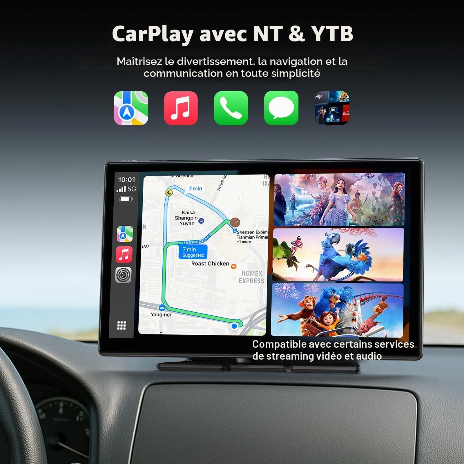 Volam Écran CarPlay Voiture 9 Pouces Car Play Sans Fil avec Net-flix YouTube TikTok,A-pple CarPlay&Android Auto,Caméra de Recul Incluse,Mirror link/Bluetooth 5.2,OTA/FM/AUX pour Tous Véhicules
