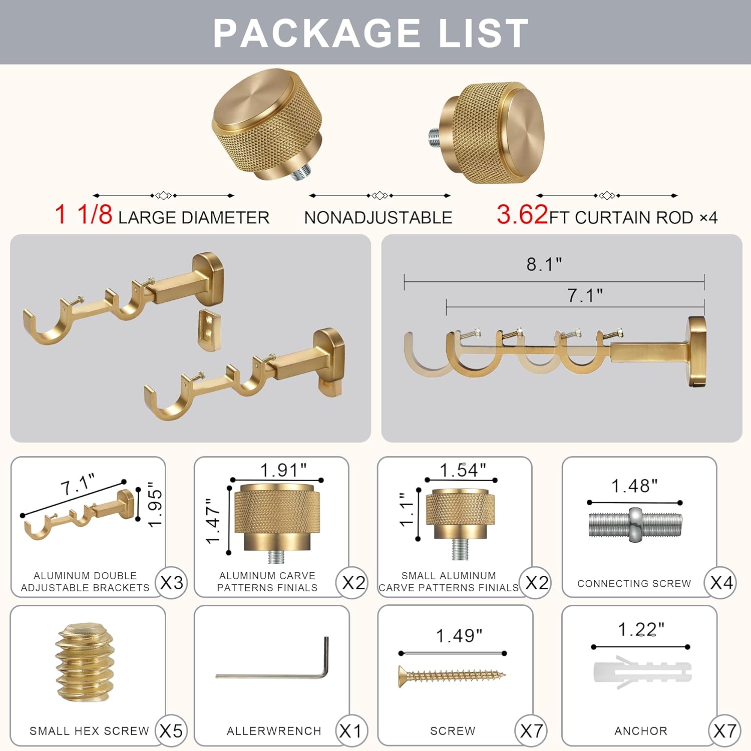 1-1/8 inch Double Curtain Rod - Premium Nonadjustable 84in/7ft Drapery Rods - Heavy Duty Dual Curtain Rods for Windows - Solid Aluminum Finials & Adjustable Concealed Mounting Bracket - Brushed Gold