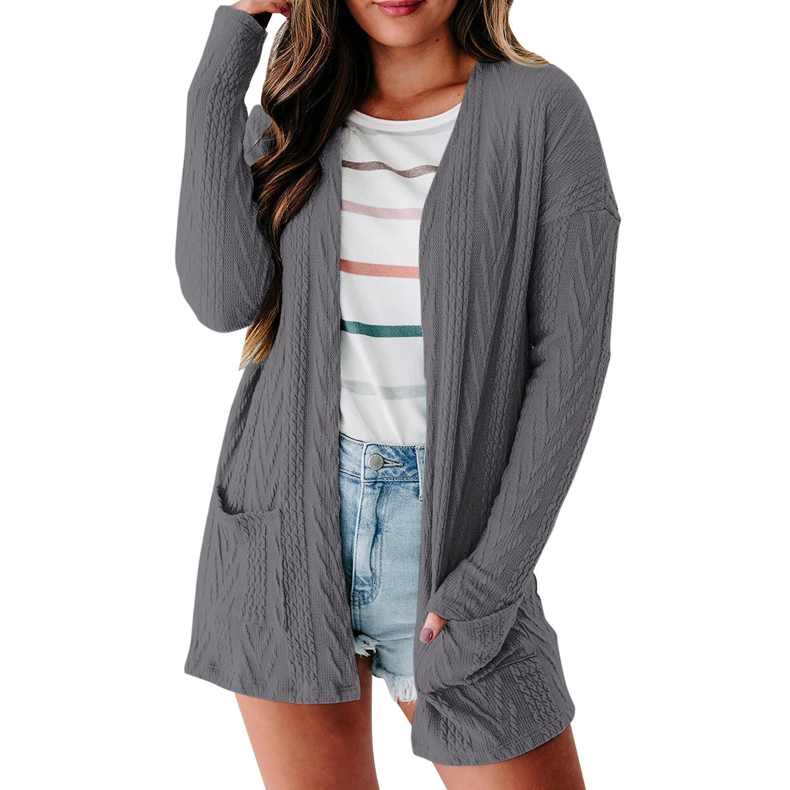 Women's Solid Color Loose Fashion Patchwork Sweater Long Sleeve Neckline Knit Cardigan