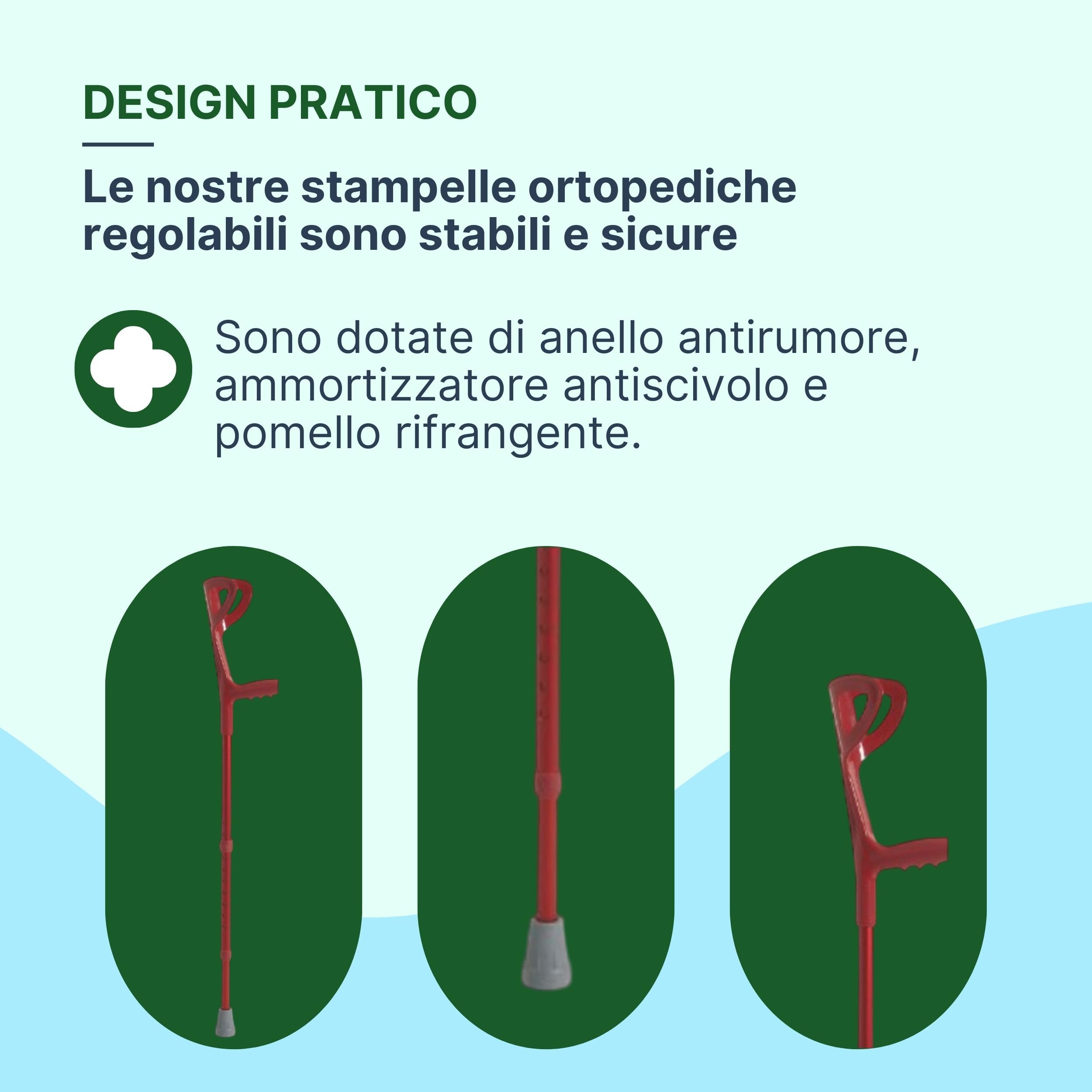 Stampelle Ortopediche Regolabili in 1 Paio Altezza Blu - Doppia Stampella Ortopedica con Anello Antirumore, Pomello Rifrangente e Impugnatura Antiscivolo