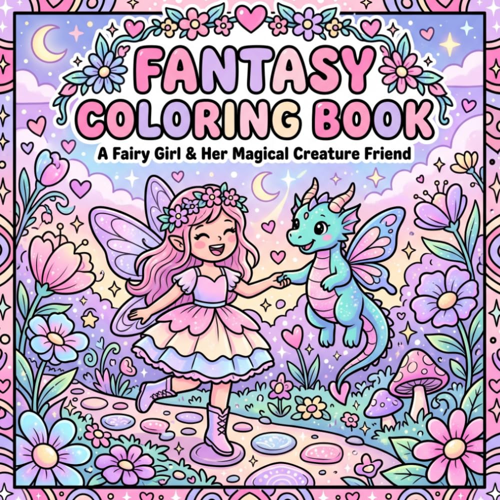 FANTASY COLORING BOOK: FAIRY GIRLS AND HER MAGICAL CREATURE FRIENDS