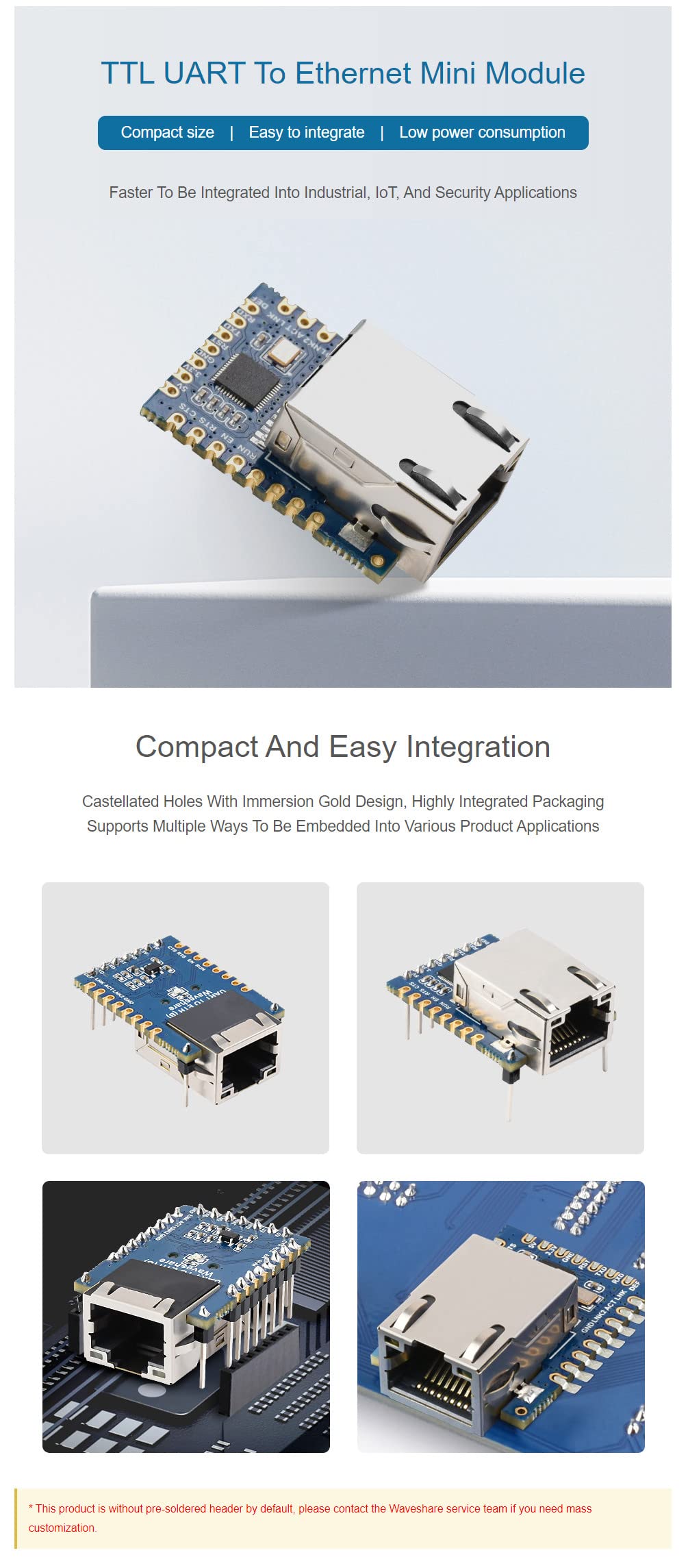 Mini TTL to Ethernet Module Serial UART to ETH Converter Gold Plated Stamp Hole Design Highly Integrated for Industrial, IoT, and Security Applications