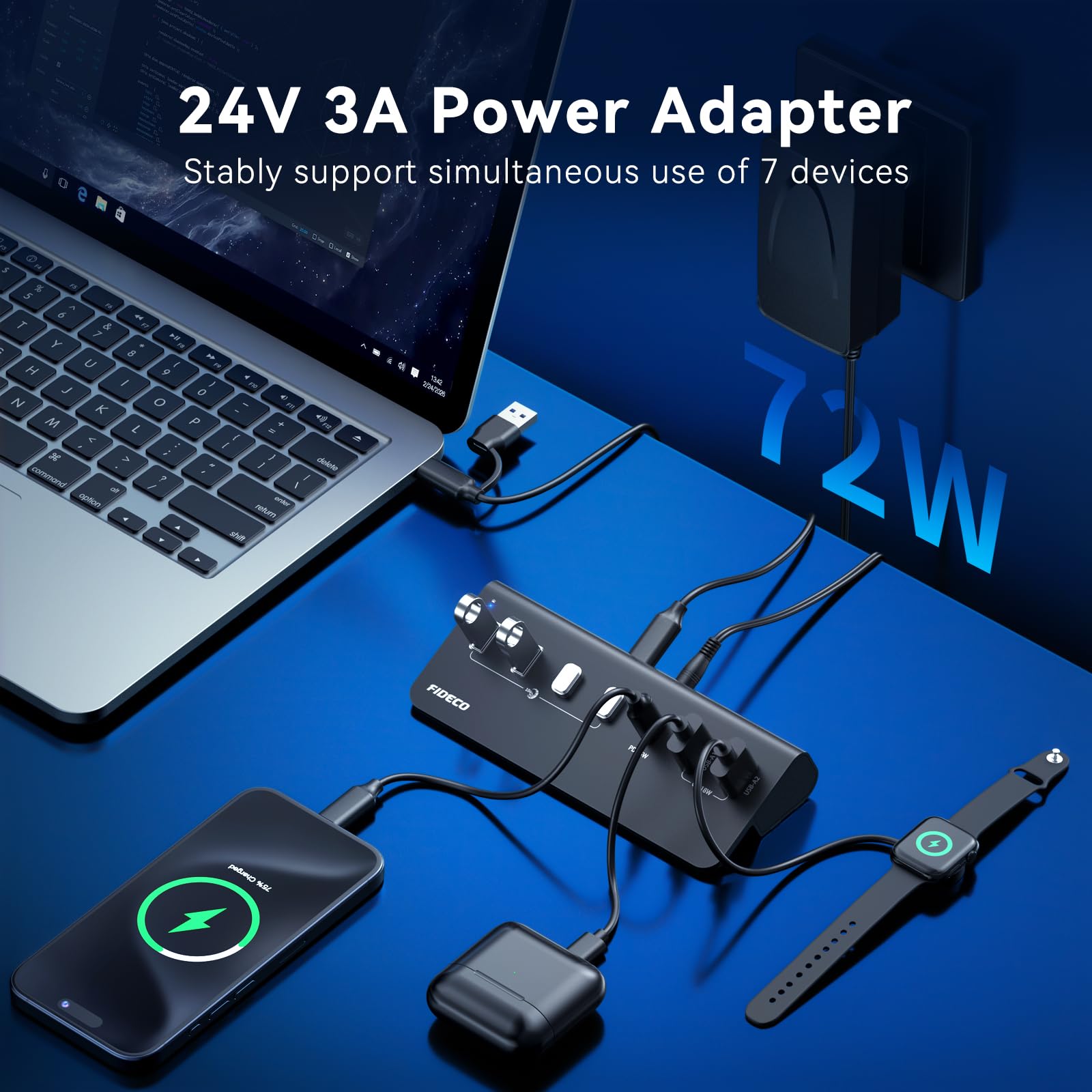 FIDECO Hub USB Alimentato a 7 Porte da 72W, Hub USB C con 1 PD 45W, 2 Porte di Ricarica QC 3.0 e 4 Porte USB 3.2 (2 USB-A + 2 USB-C), 10Gbps Hub in Alluminio per Laptop, PC, MacBook, iPhone 17/16/15