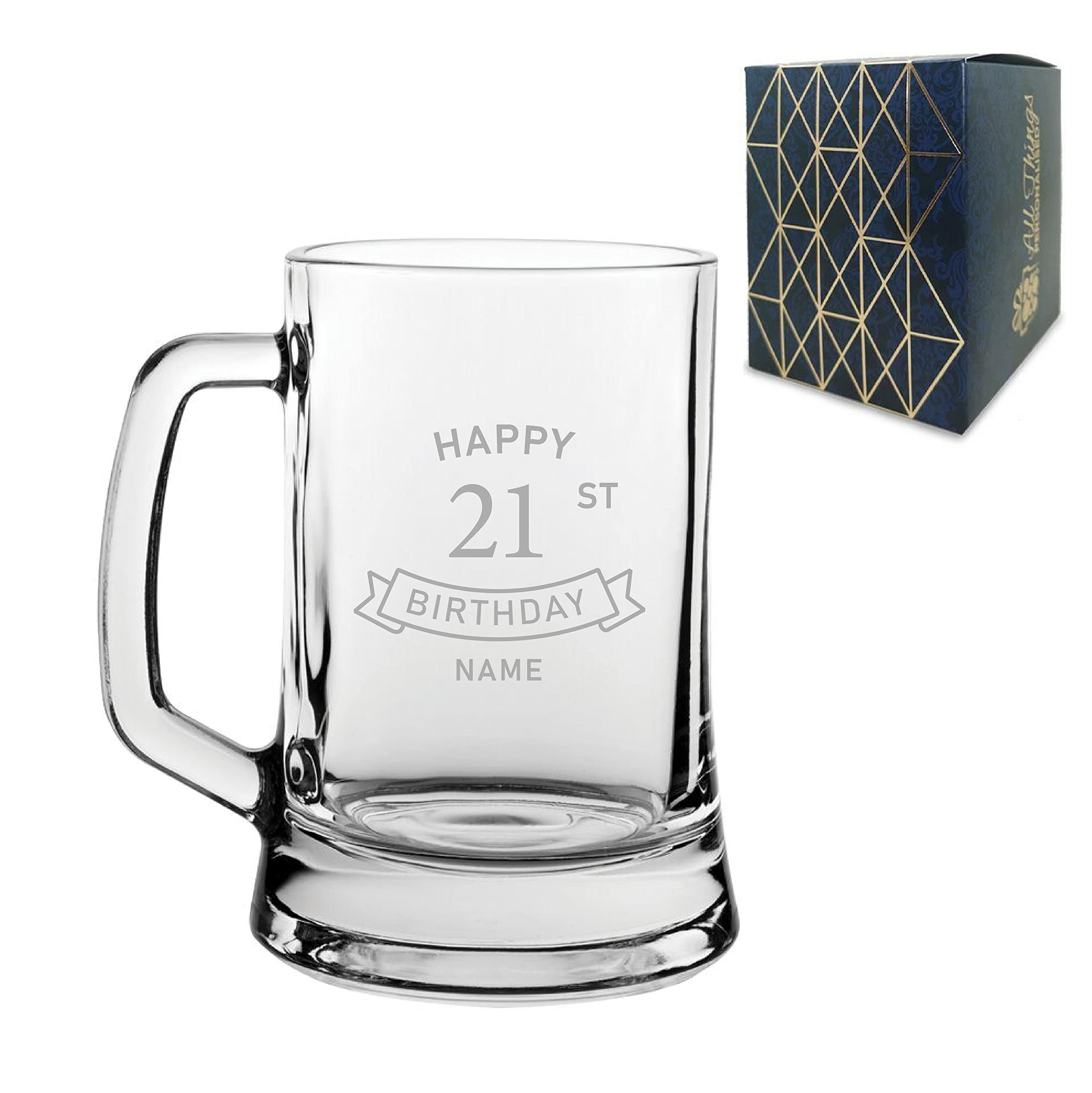 Chope à bière gravée personnalisée avec inscription « Stein Happy 21st Birthday » dans une boîte cadeau