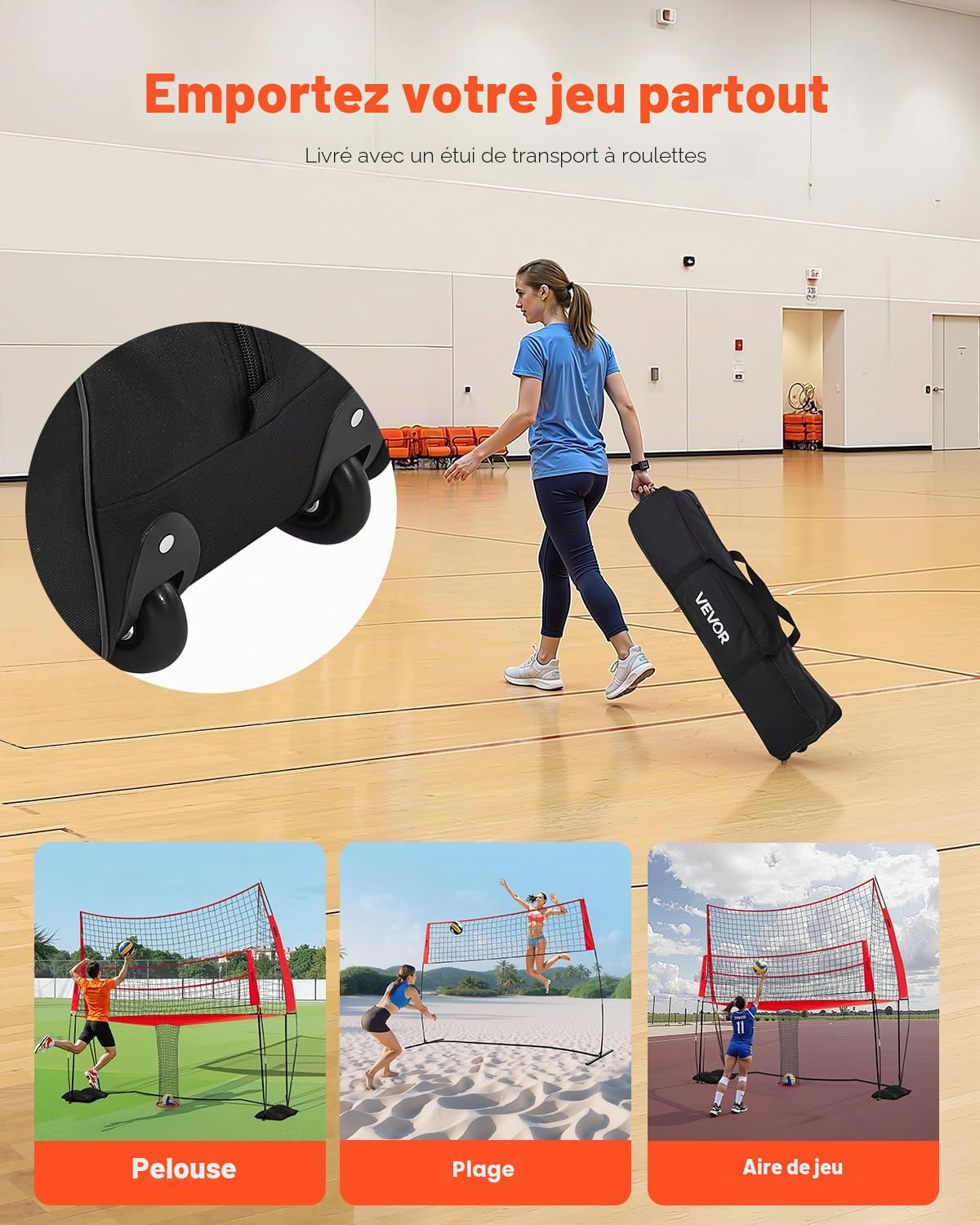 VEVOR Filet de Volley-Ball 2 en 1, Filet d'entraînement de Volley-Ball Portable réglable en Hauteur avec Retour de Balle, Installation Facile pour Service en intérieur et en extérieur dans Le Jardin