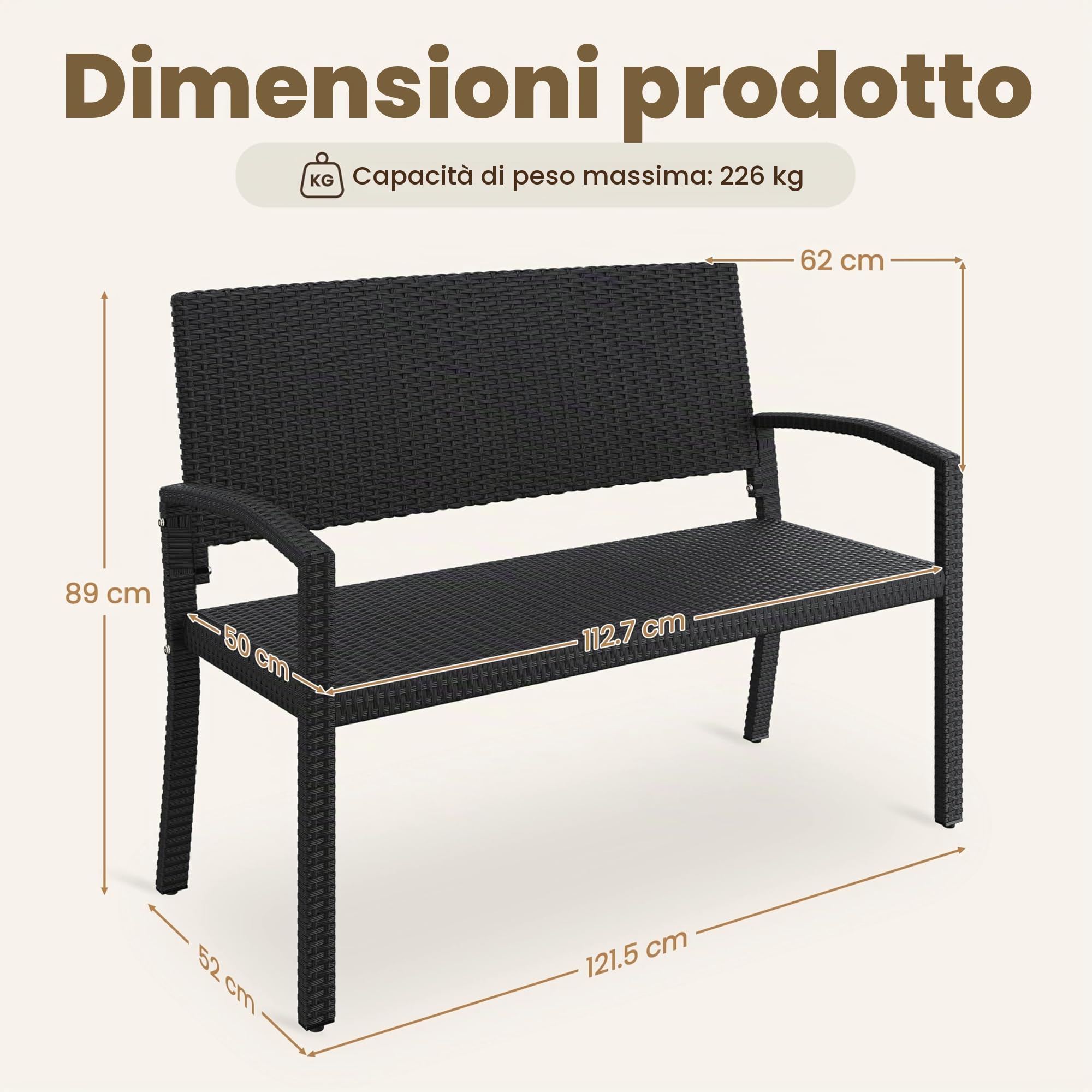 Yaheetech Panchina in Polyrattan da Giardino per 2 Persone Panca da Esterno Impermeabile con Schienale e Braccioli per Balcone Terrazza 121,5 × 62 × 89 cm Nero