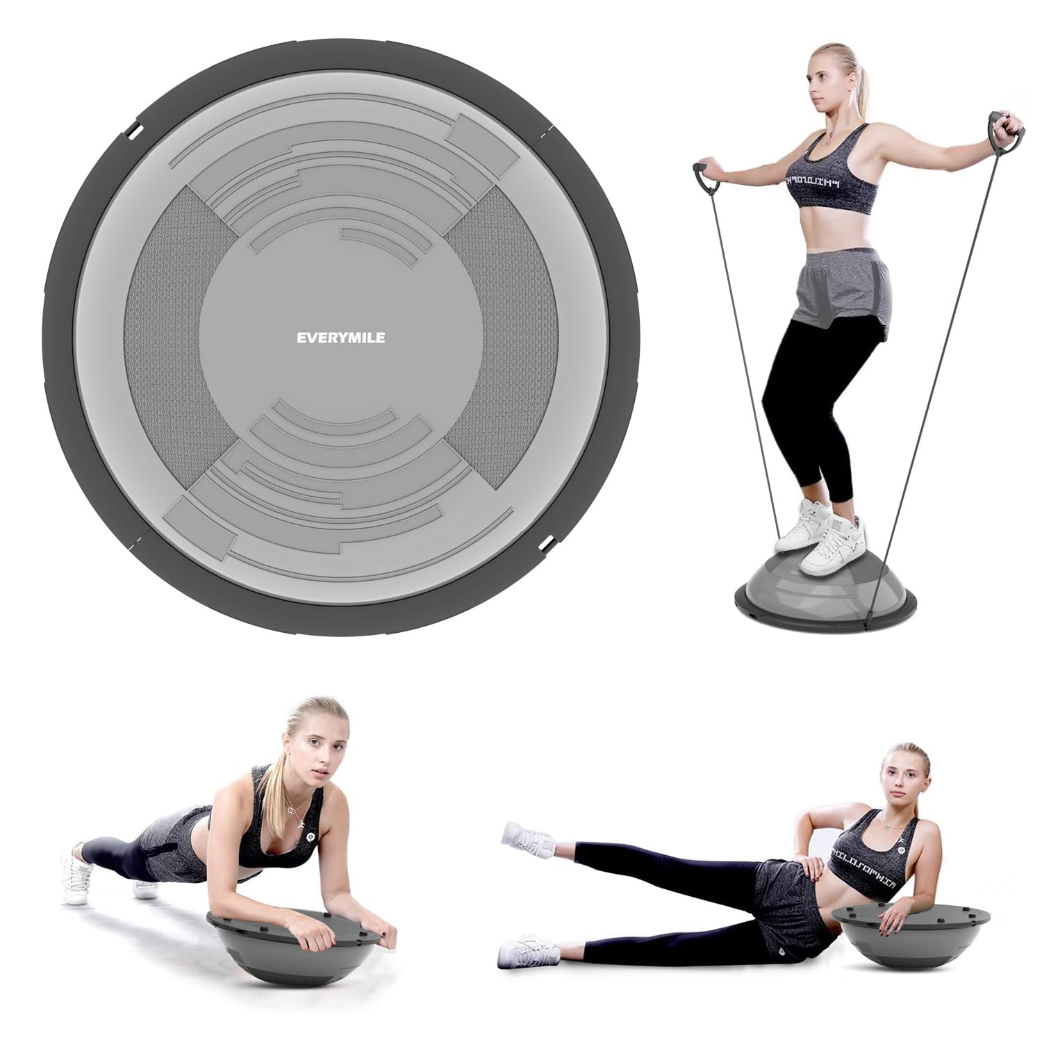 EVERYMILE Balance Ball Trainer with Resistance Bands & Pump Stability, 23.6 inch Yoga Exercise Ball for Home Gym Core Training Anti-Skid Surface Grey