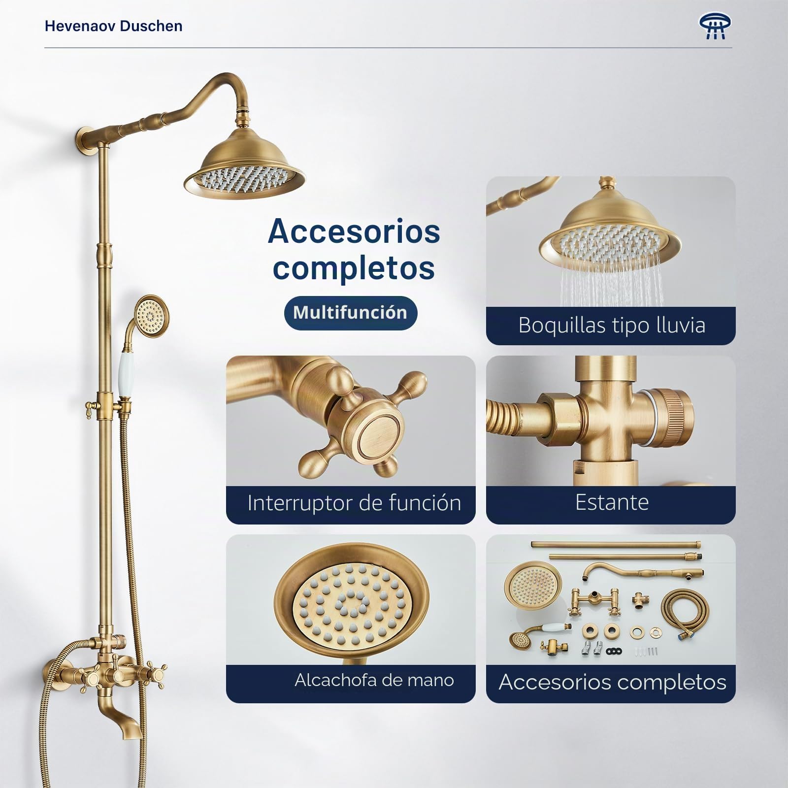 Grifo de ducha con cascada retro, 3 salidas, alcachofa superior de 8 pulgadas, ducha de mano + bañera de latón antiguo, kit con soporte extensible (100-135 cm)