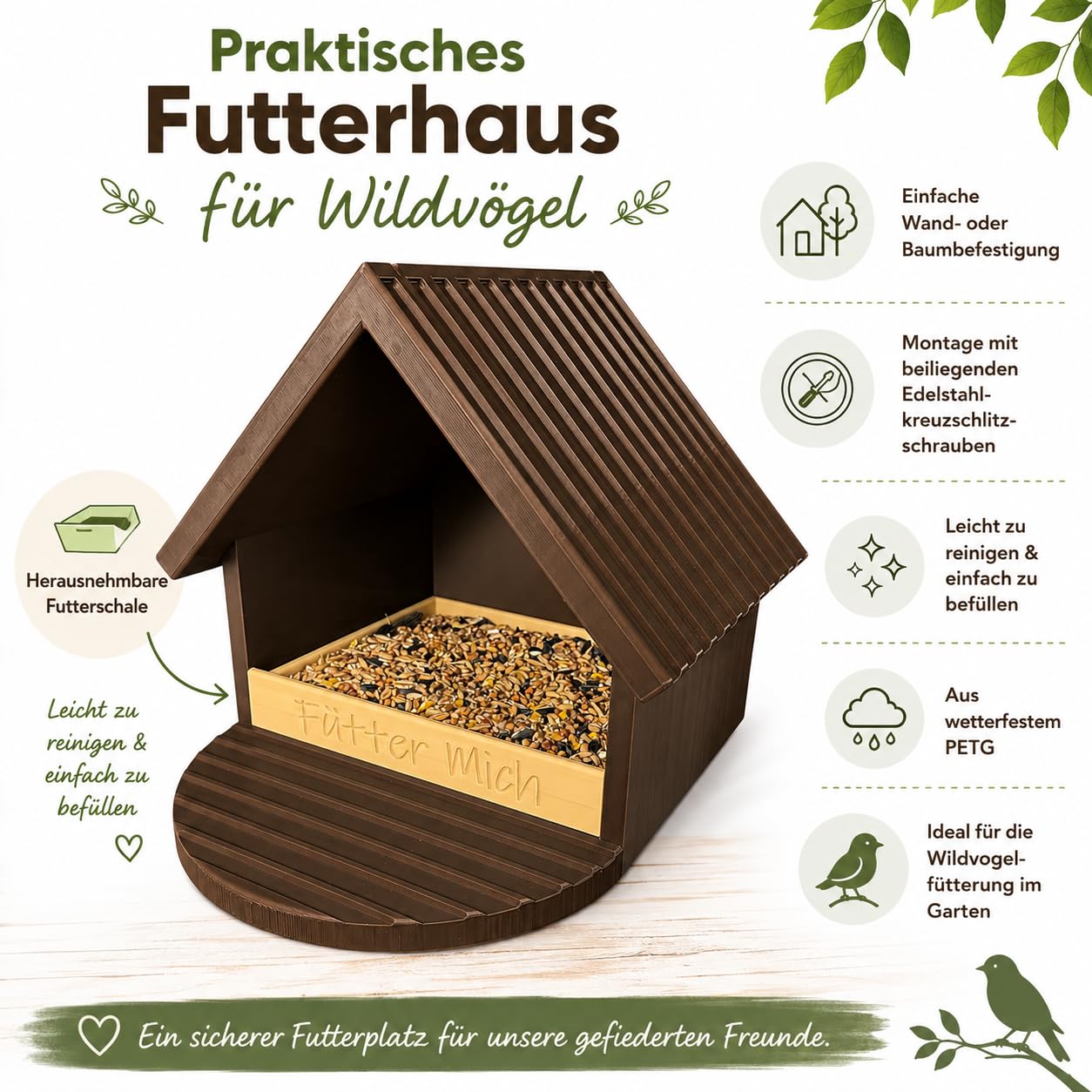 Wetterfestes Vogelfutterhaus mit herausnehmbarer Futterschale (Braun/Beige)