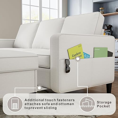 Miniatura 6 de Sofá modular para sala de estar, sofá beige de 3 plazas en forma de L con otomana de almacenamiento, cómodos sofás seccionales convertibles de lino
