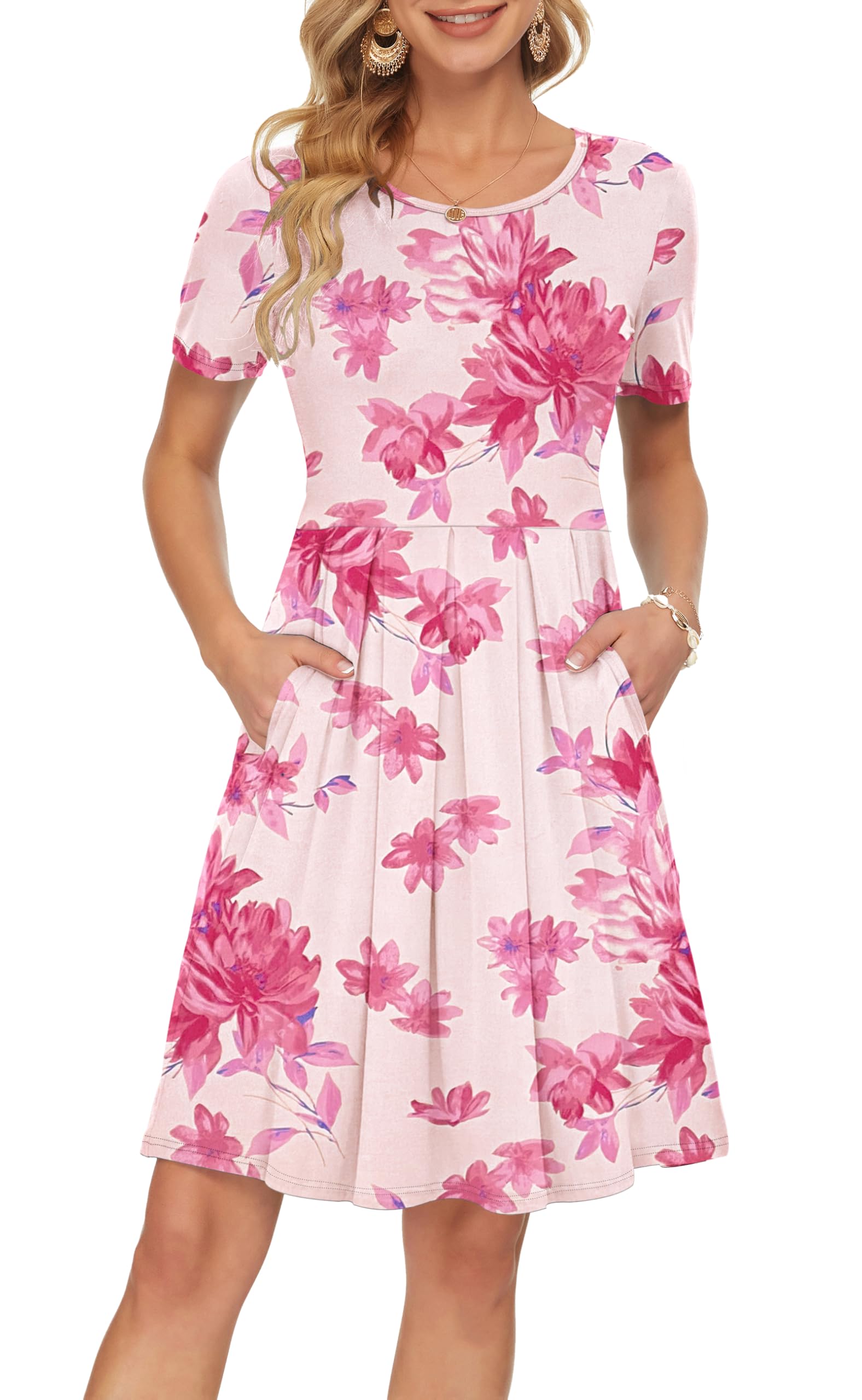 AUSELILY Women's Short Sleeve Pleated Swing Summer Dress with Pockets