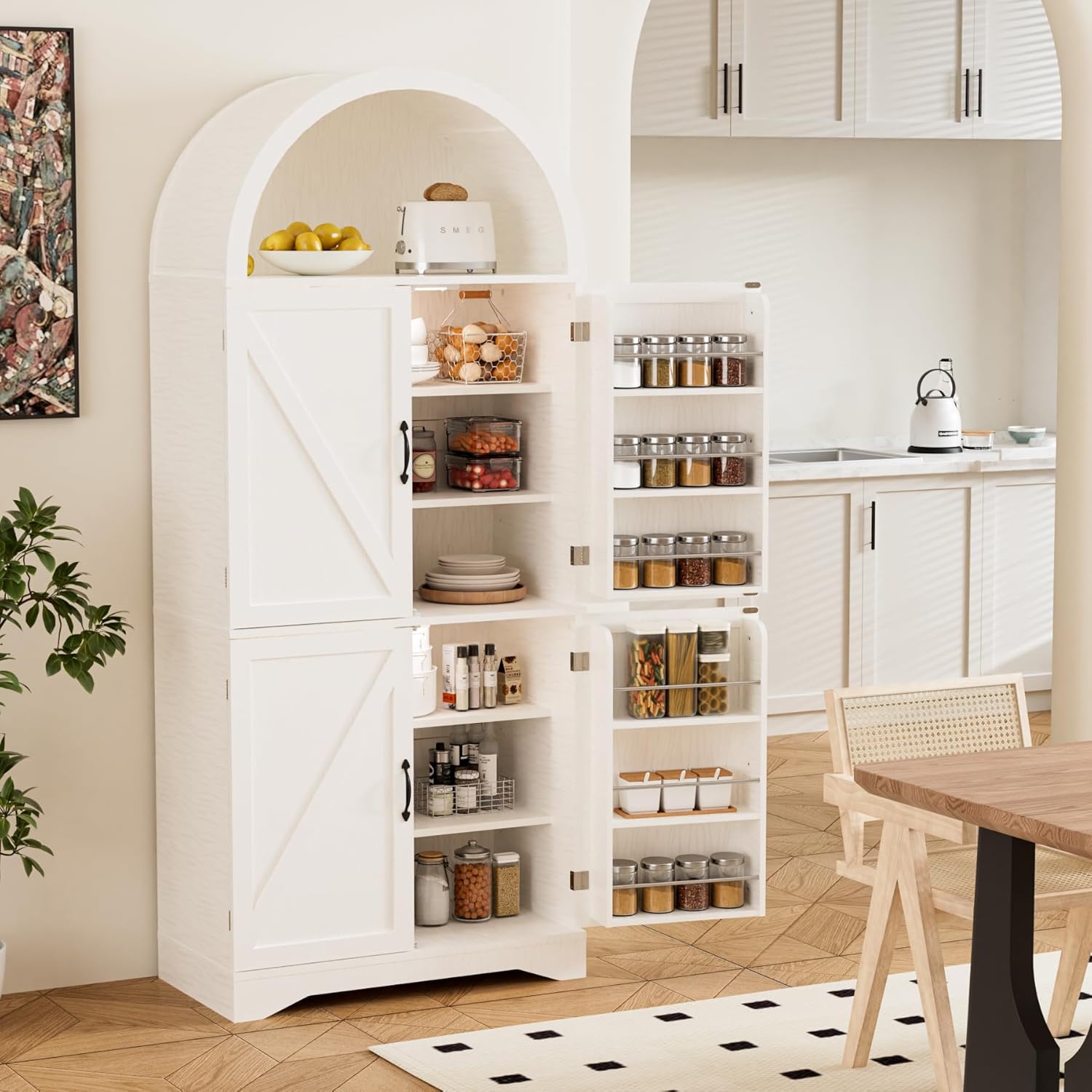 Arched Kitchen Pantry Cabinet with Adjustable Shelves, Modern Farmhouse Storage Cupboard, White Freestanding Wood Cabinet with LED Lights.