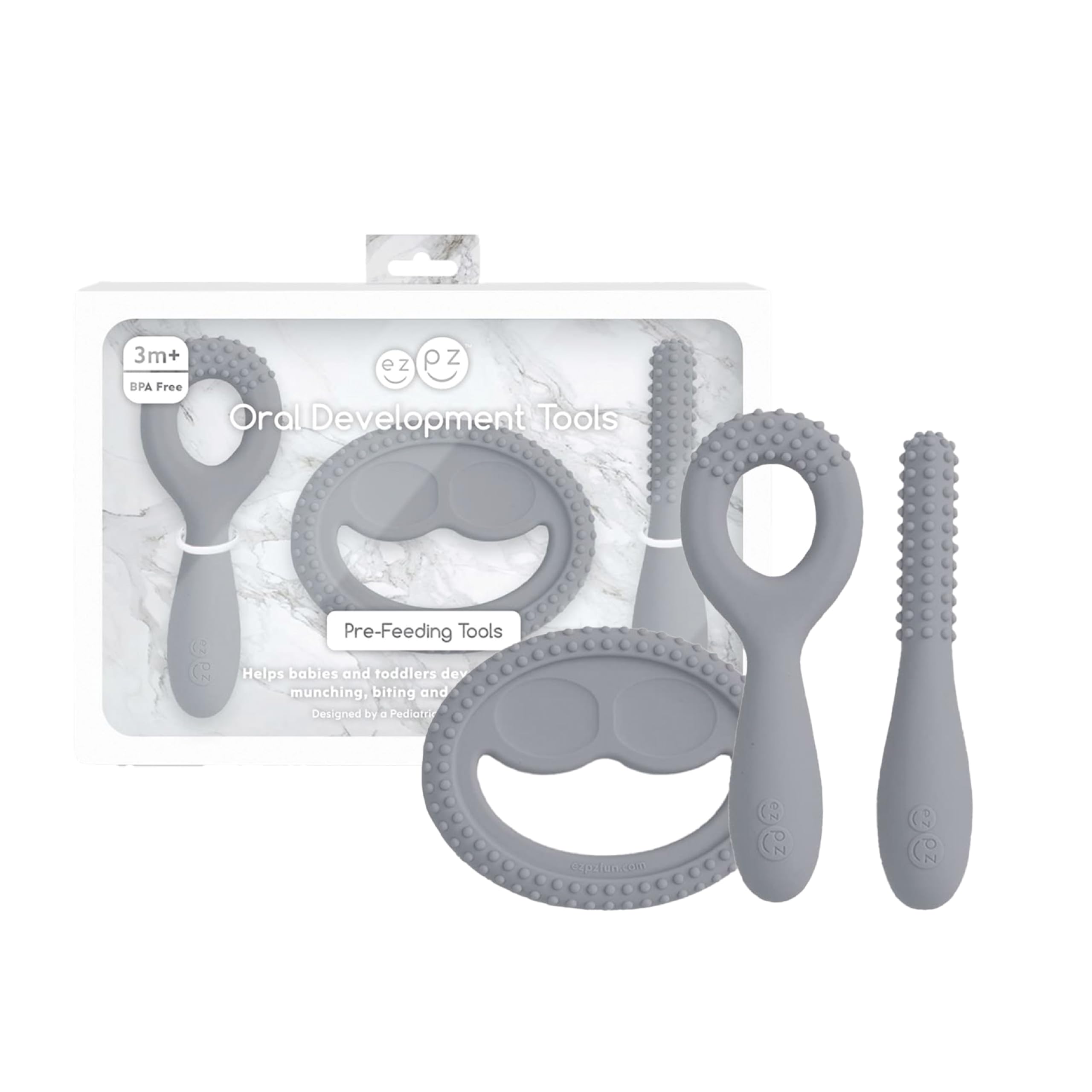 ezpz Oral Development Tools - 3 Months+ (3 Pack in Gray) - Non-Slip Loop, Smile and Stick, 100% Silicone Tools to Practice Feeding + Chewing - Sensory Bumps - Dishwasher Safe