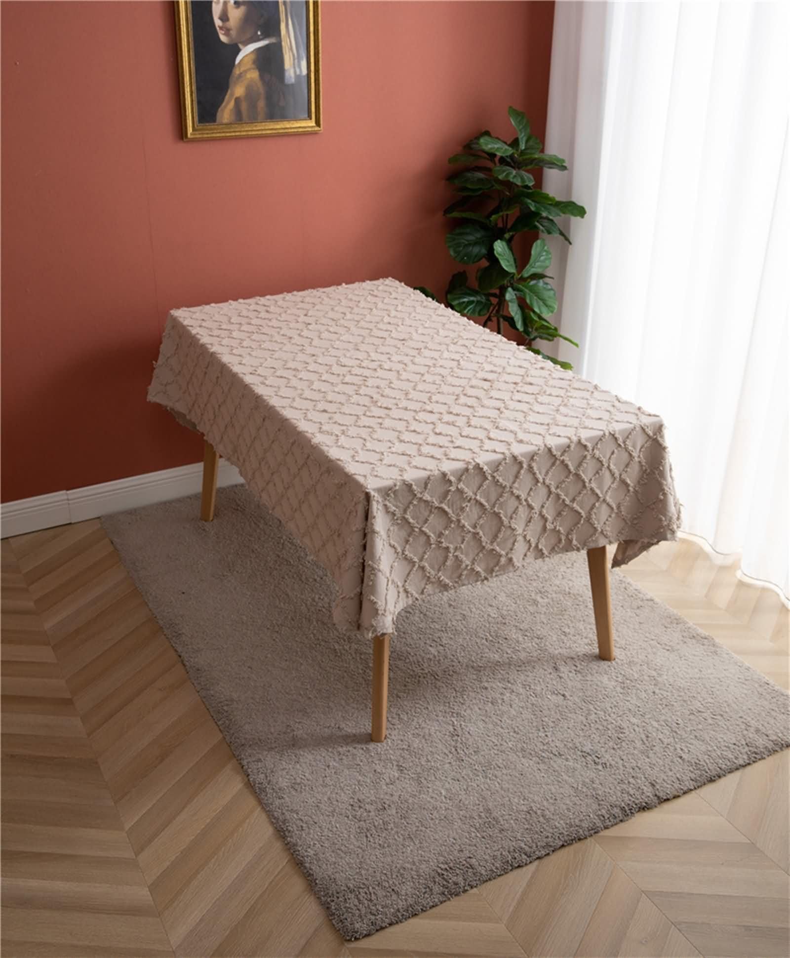 Mantel Antimanchas y Lavable Rectangular Caqui Exterior, Patrón de Rombos, de Algodón y Lino Elegante, 135 x 260 cm, Mantel para Comedor
