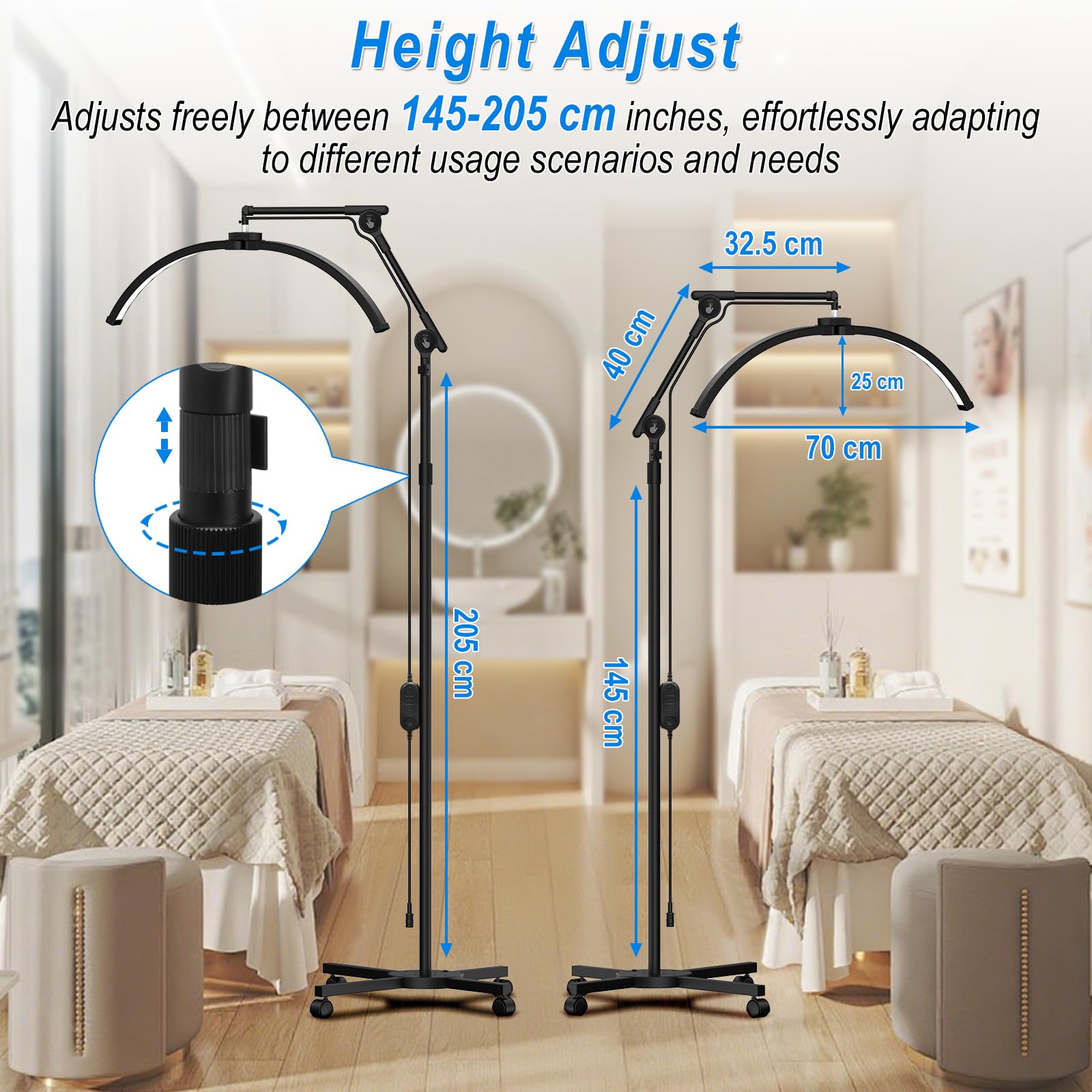 CGBE Lampada Extension Ciglia da Terra: LED Lampada Mezza Luna Ciglia con Porta Cellulare - Base Mobile - Testa Rotabile a 360° - Luminosità e Altezza Regolabili - per Ciglia/Cura della Pelle/Tatuaggi