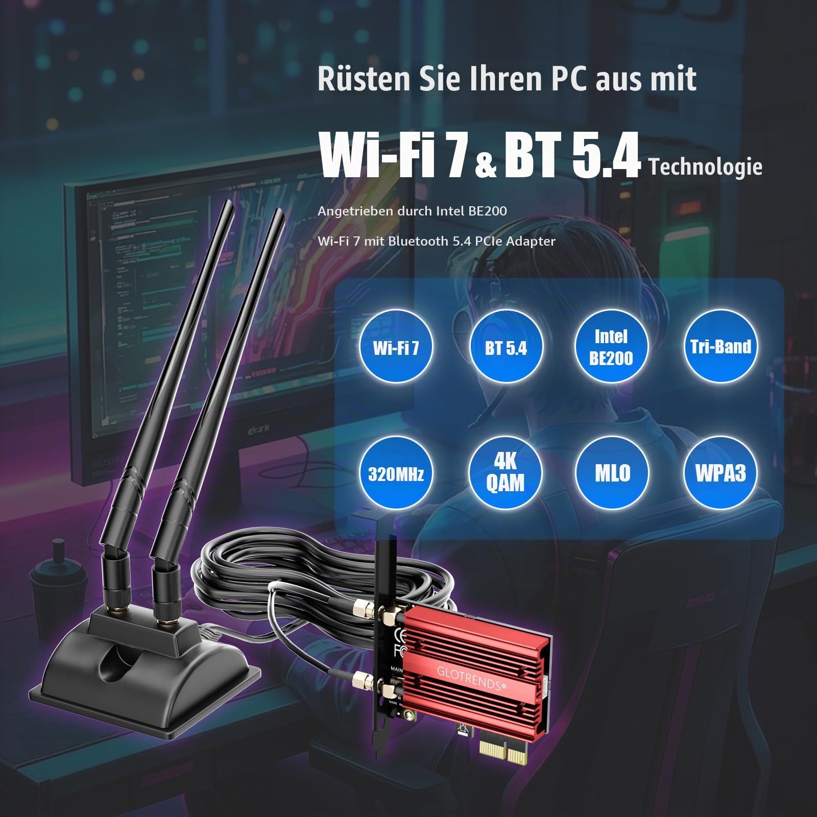GLOTRENDS WiFi 7 Karte mit 2-Meter-Verlängerungsantenne für Desktop PC, Intel BE200NGW, nur kompatibel mit Windows 11 24H2 oder höherer Version (unterstützt Keine AMD Motherboards)