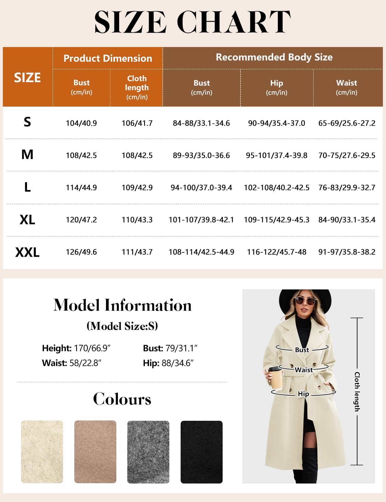 CMTOP Cappotto Donna Lungo Elegante Classico Doppiopetto Trench, Antivento Giacca a Maniche Lunghe Primaverile Autunno Inverno Cappotti Windbreaker con Tasche e Cintura